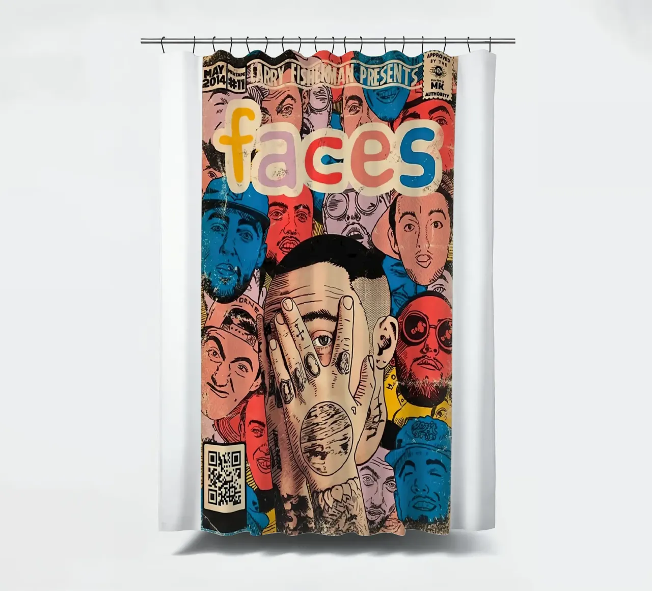 Cover Comic Mac Miller Faces poster Duschvorhang von rockytamoe