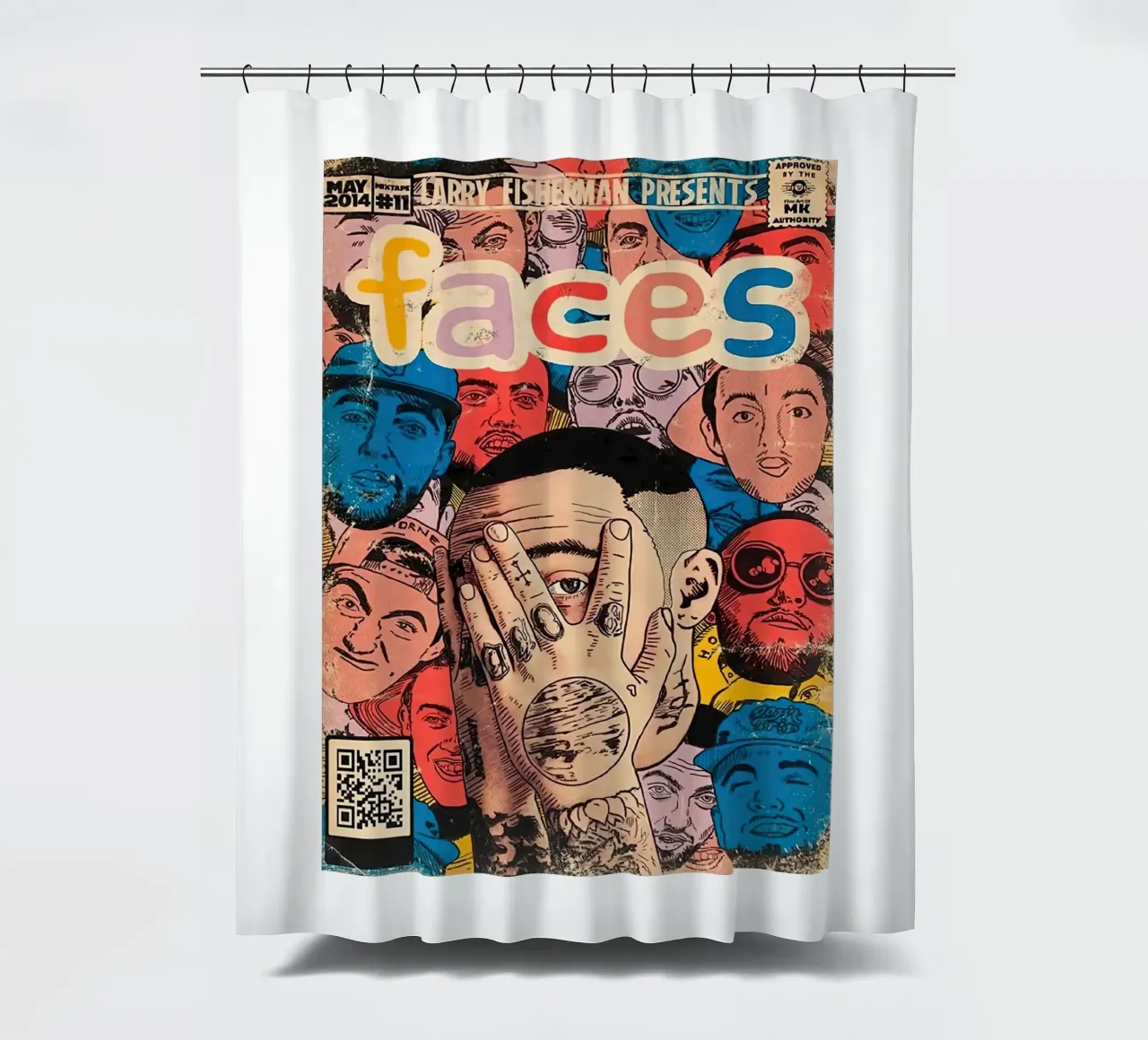 Cover Comic Mac Miller Faces poster Duschvorhang von rockytamoe