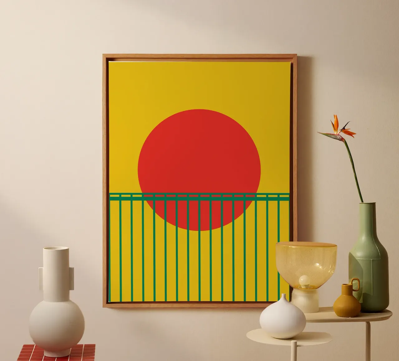 Rode Zon & Bamboe Rooster canvas met Baklijst van Family Bauhaus Art