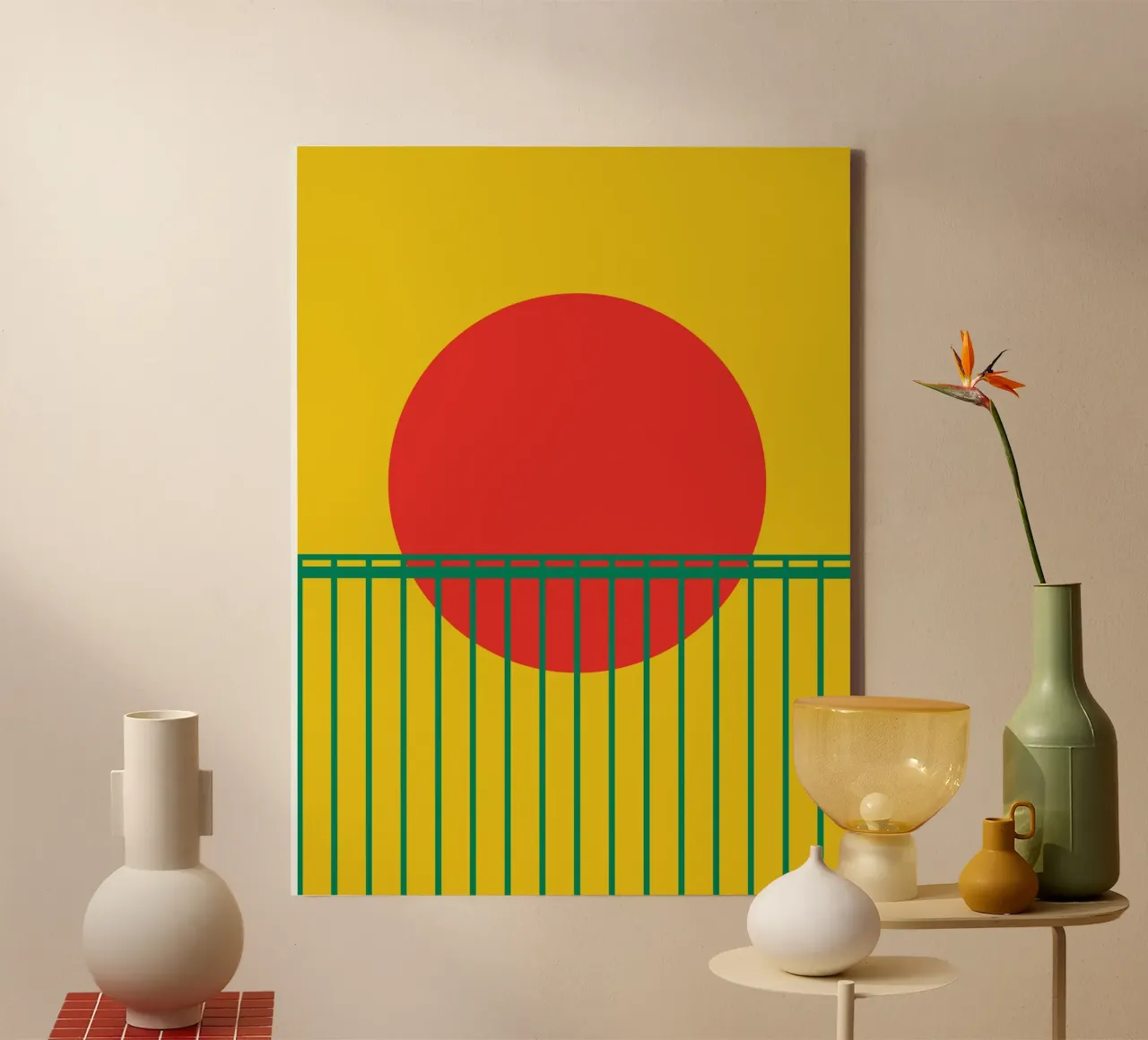 Rode Zon & Bamboe Rooster canvas met Baklijst van Family Bauhaus Art