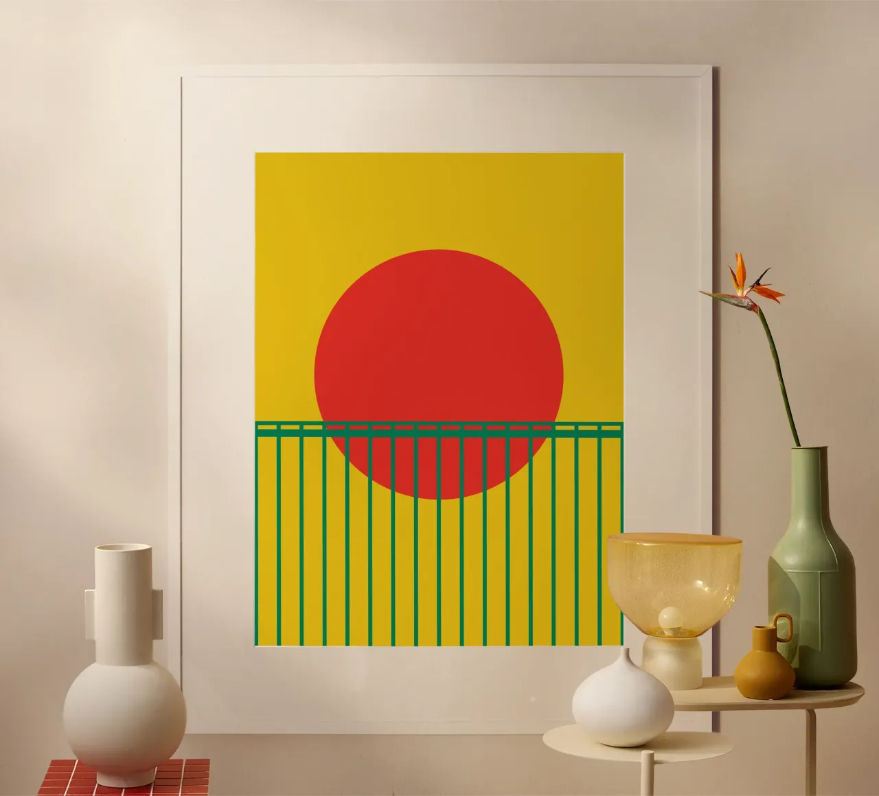 Rote Sonne & Bambus-Gitter Hahnemühle von Family Bauhaus Art