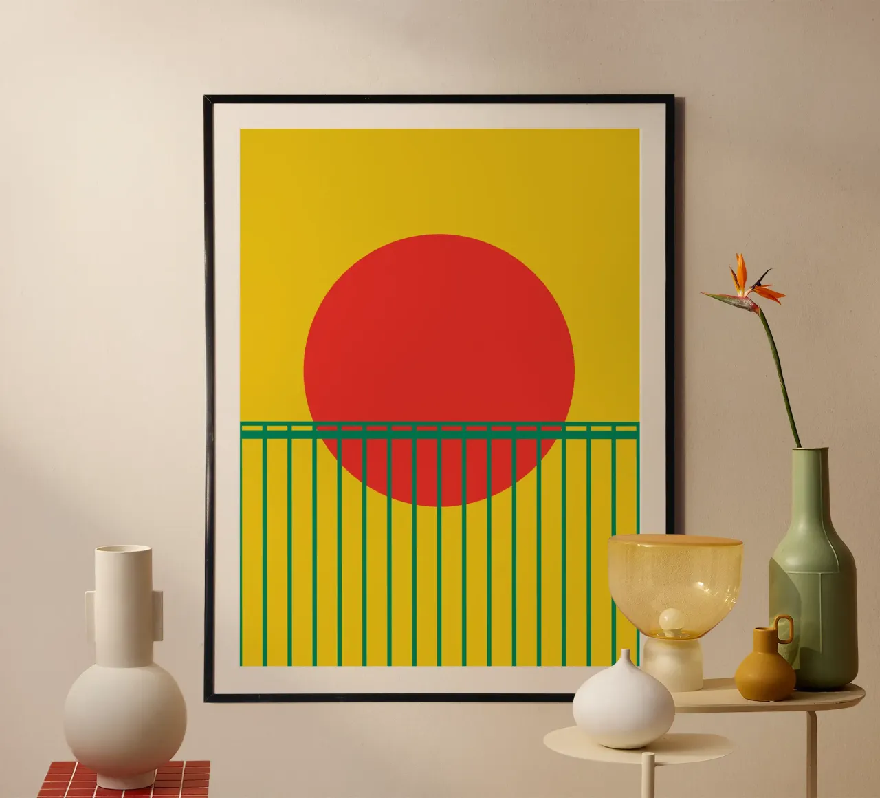 Rote Sonne & Bambus-Gitter Hahnemühle von Family Bauhaus Art