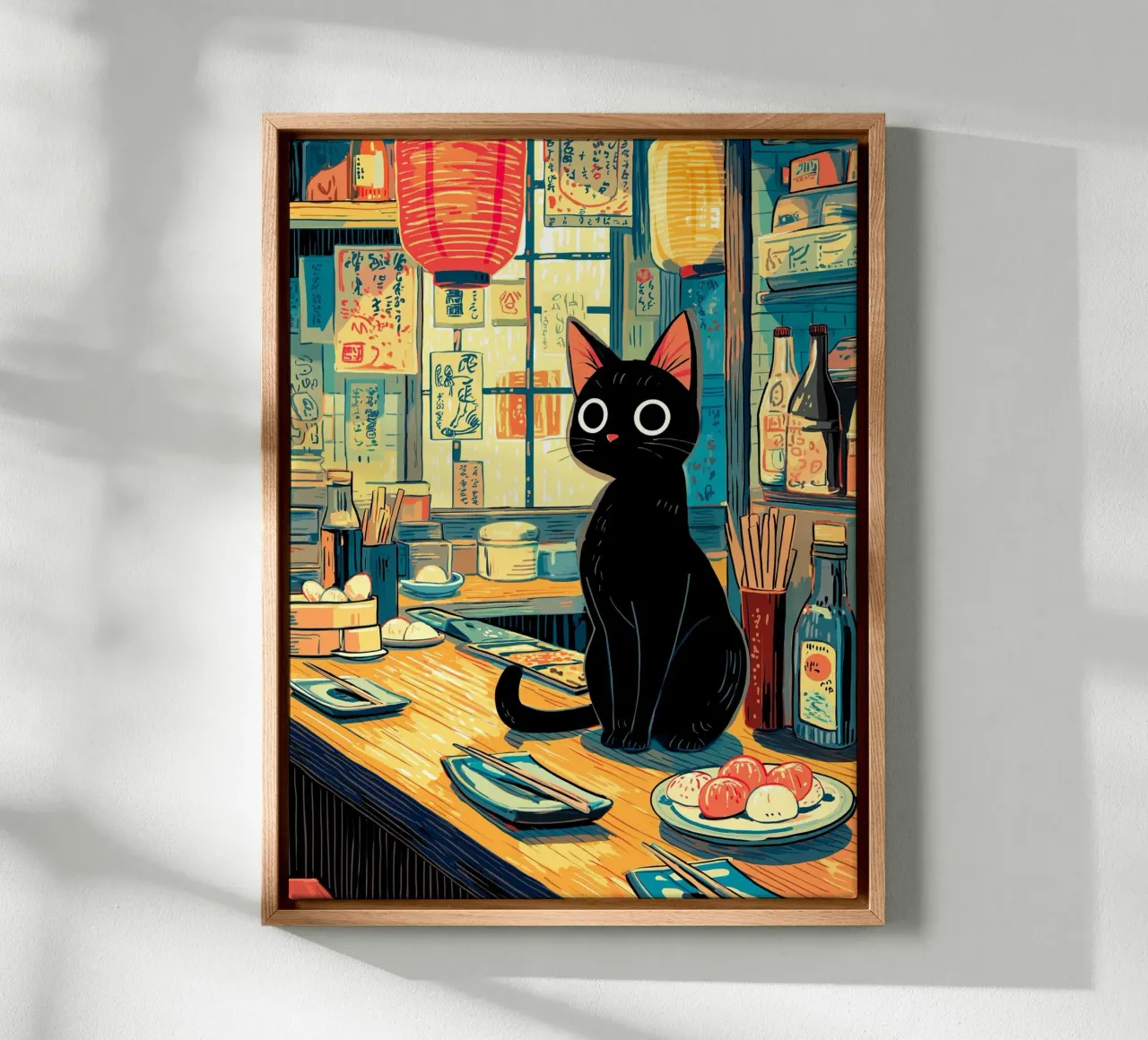 Gatto nero in ristorante giapponese tela con Cornice a cassetta da Fleur de Lys