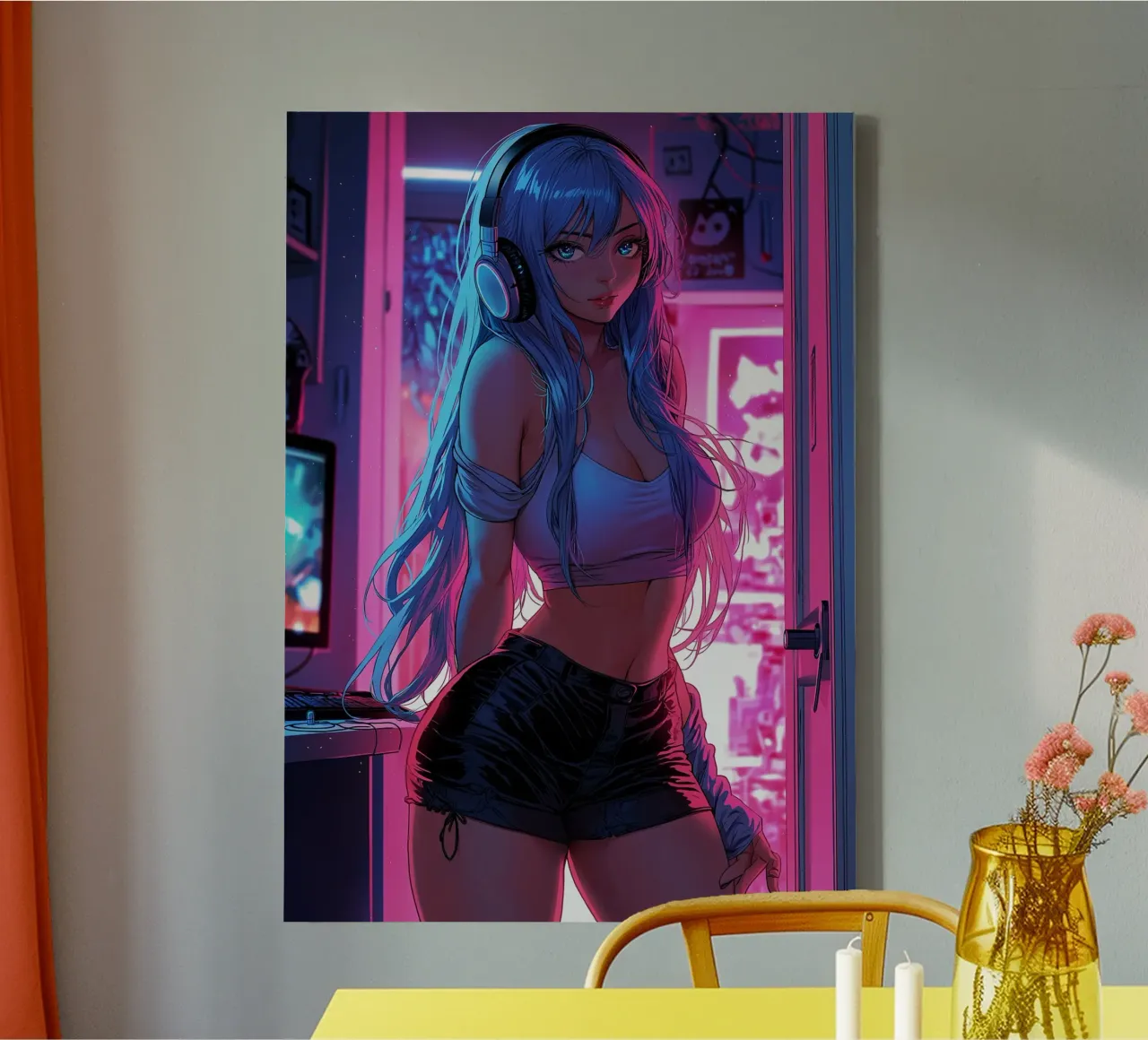 Cyberpunk mooi anime meisje canvas met Baklijst van Fleur de Lys