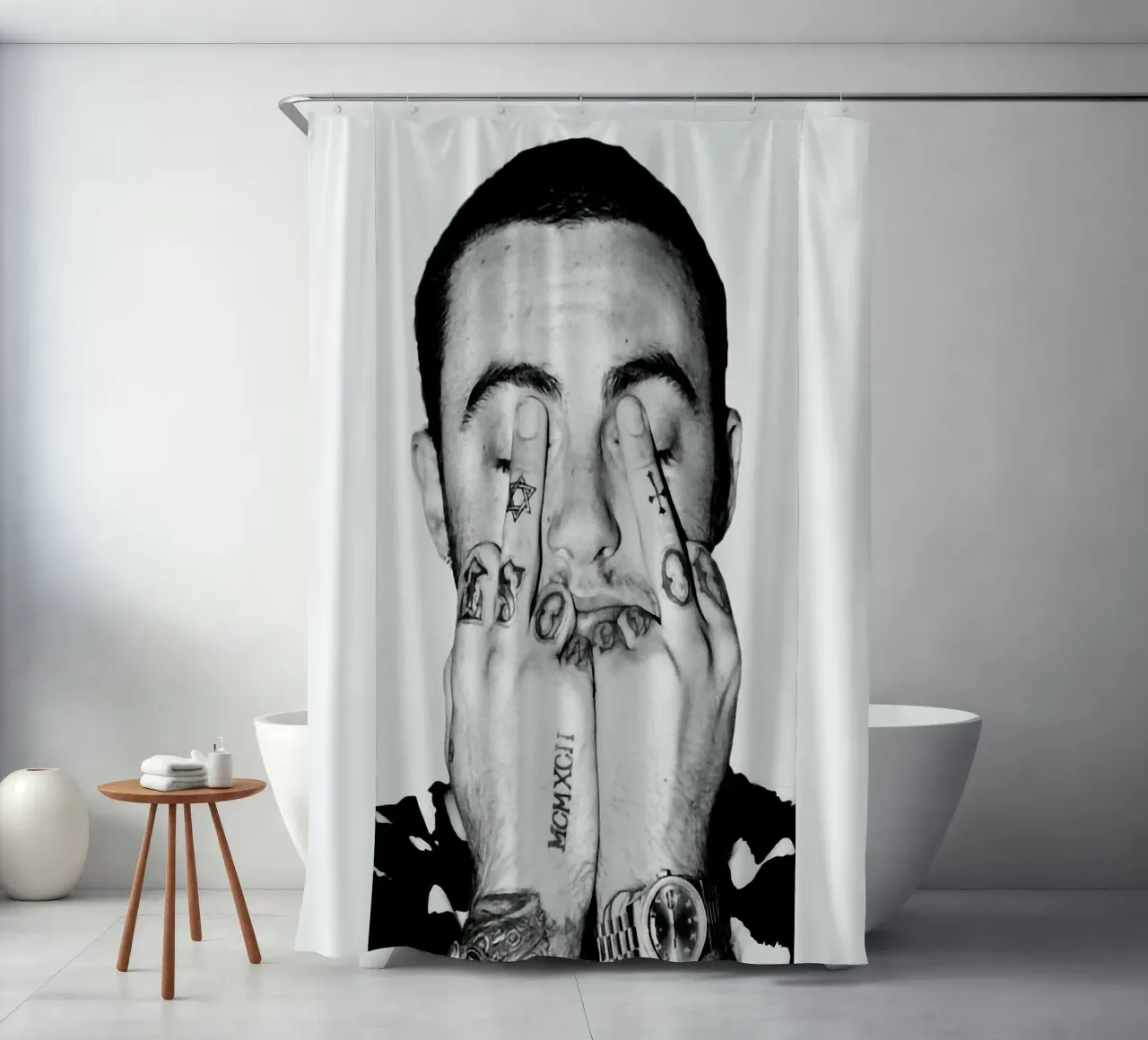 Black And White Middle Finger Mac Miller Poster Duschvorhang von rockytamoe