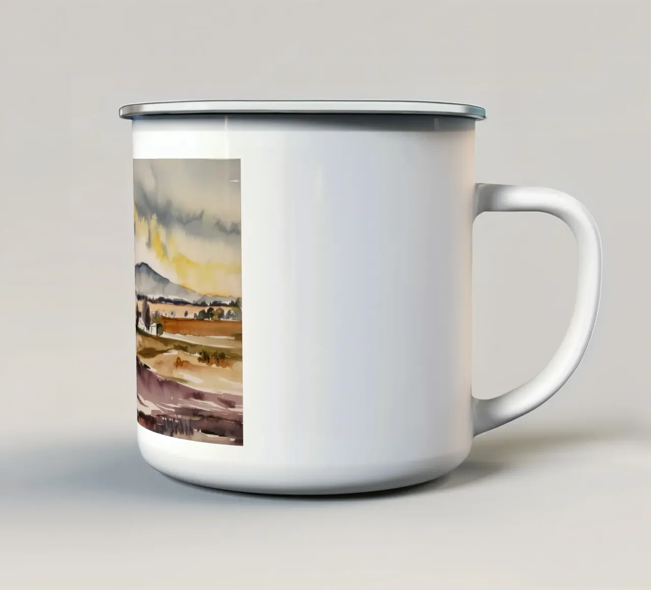 Acquerello della valle nebbiosa tazza in smalto da Silk Palette