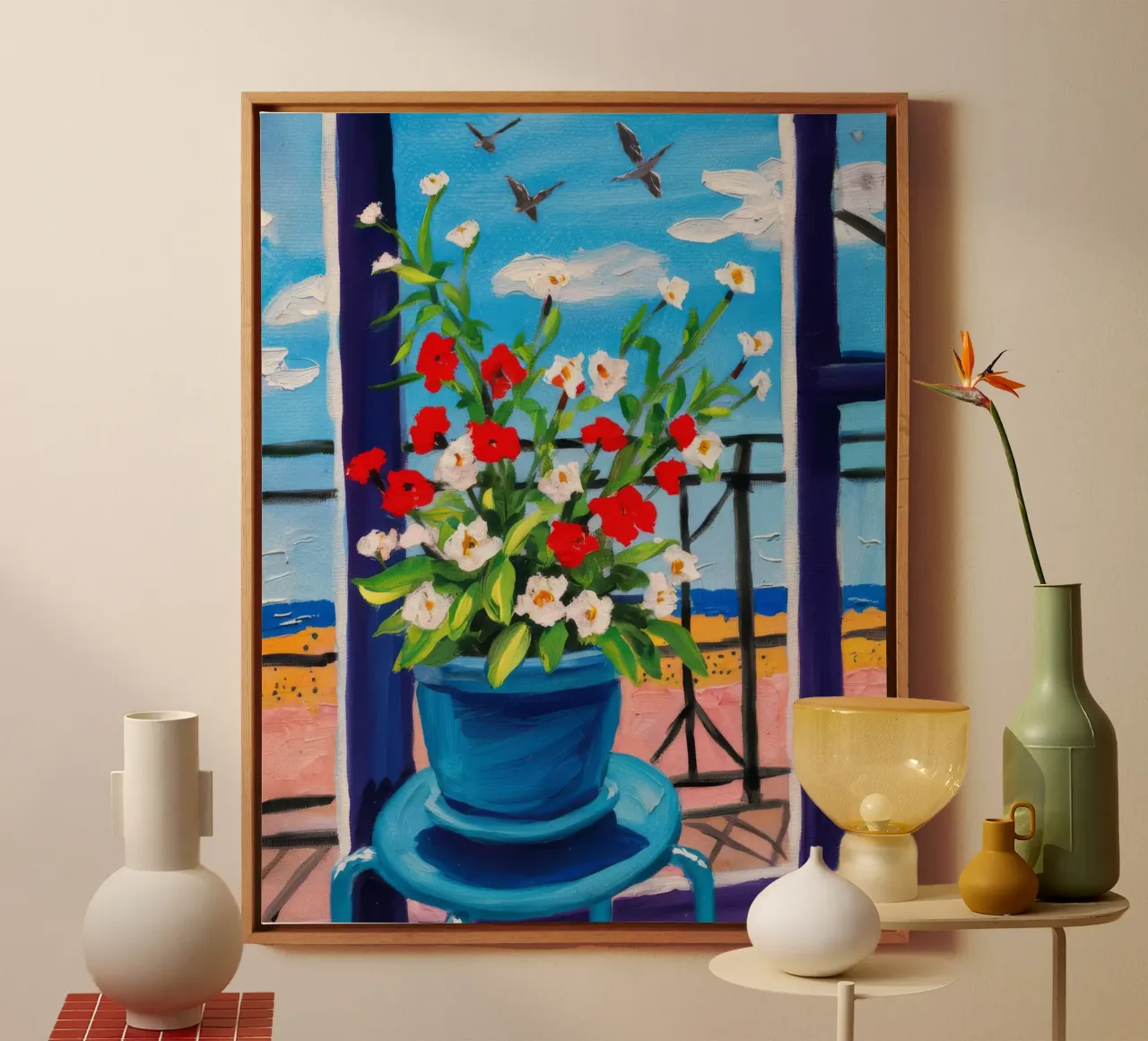 Balkon Geraniums Hoogbouw canvas met Baklijst van Silk Palette