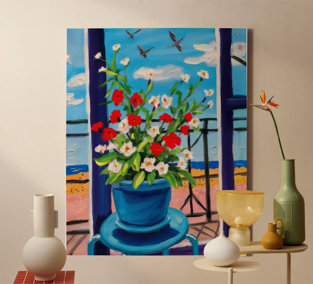 Balkon Geraniums Hoogbouw canvas met Baklijst van Silk Palette