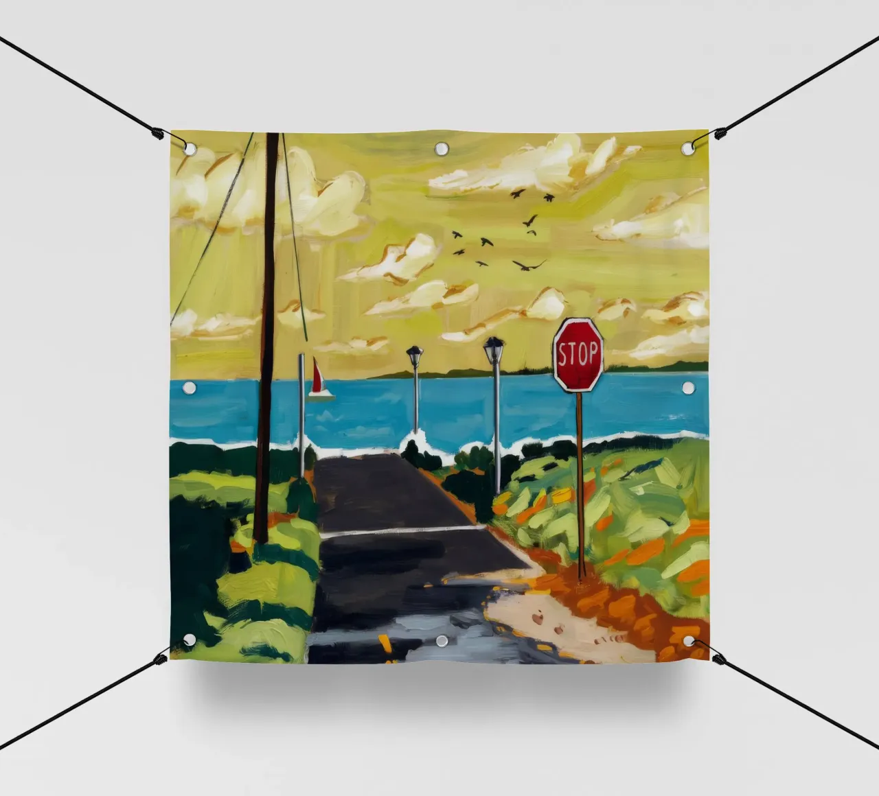 Segnale di stop in riva al mare telo in pvc da Silk Palette