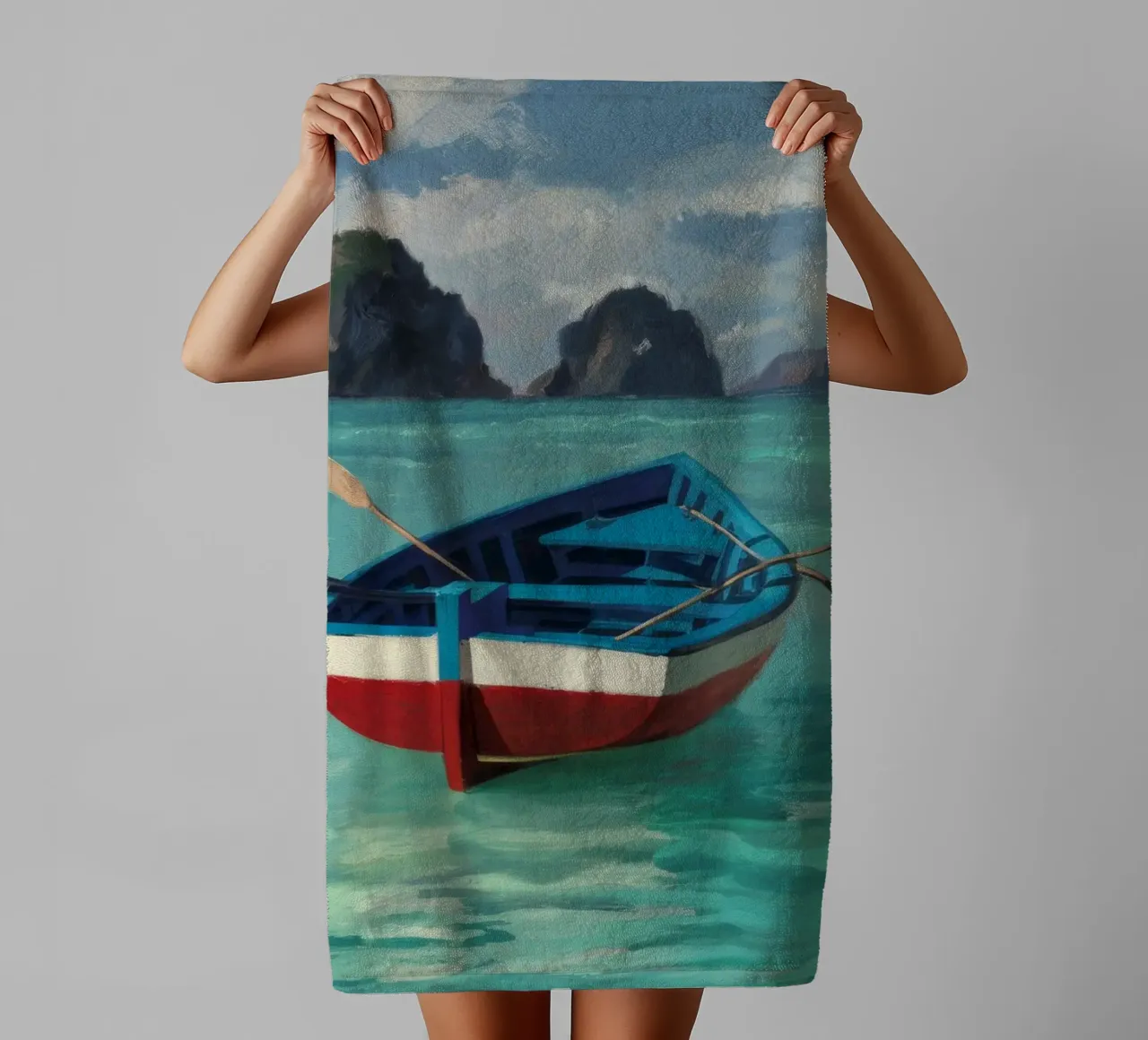Barca a remi in un mare carsico asciugamano da bagno da Silk Palette