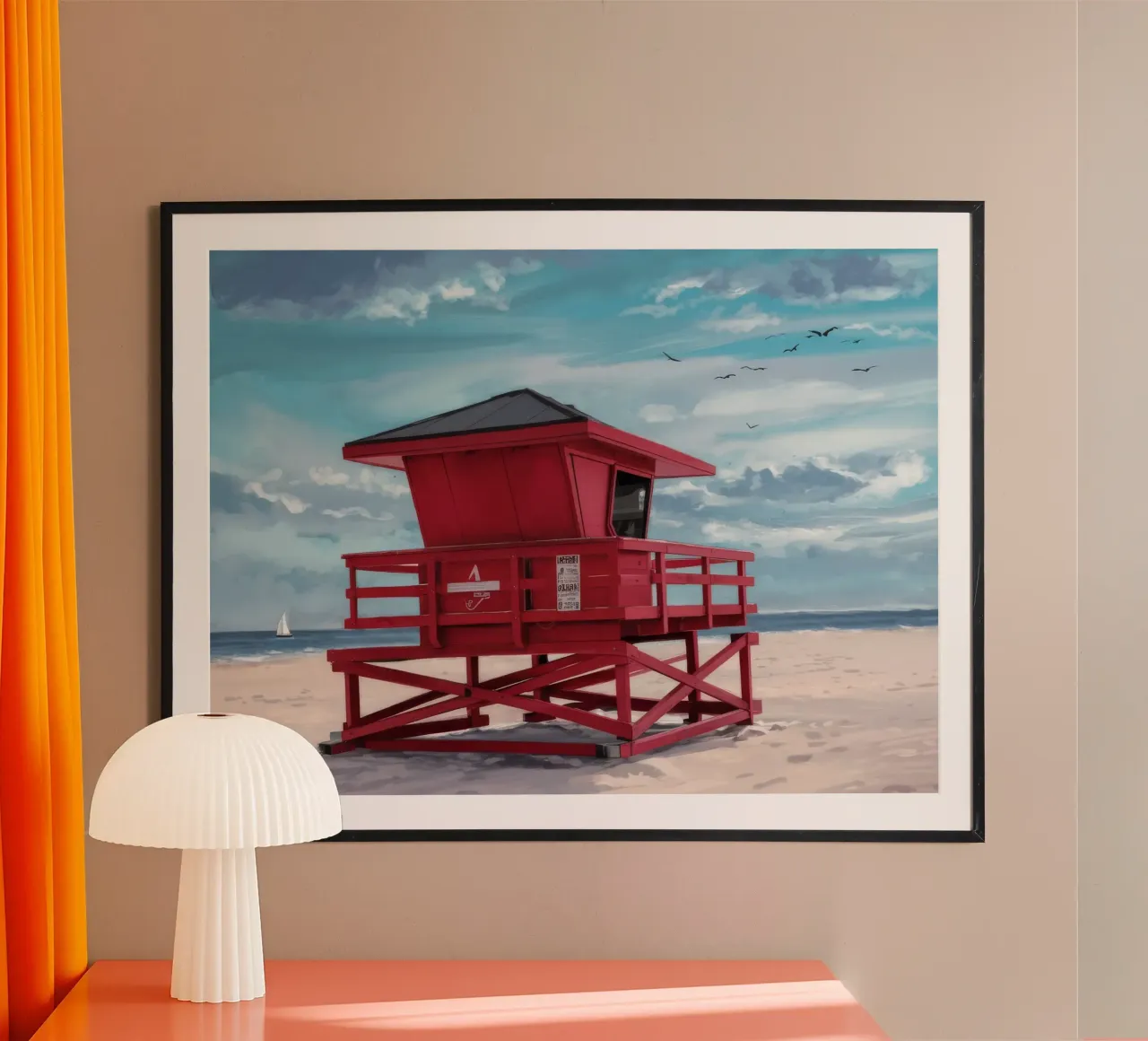 Red Lifeguard Tower poster with plastic frame by Silk Palette