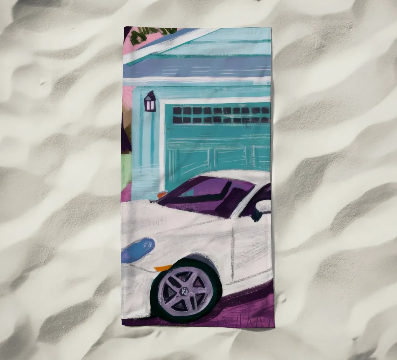 White Sports Car beach towel by Silk Palette