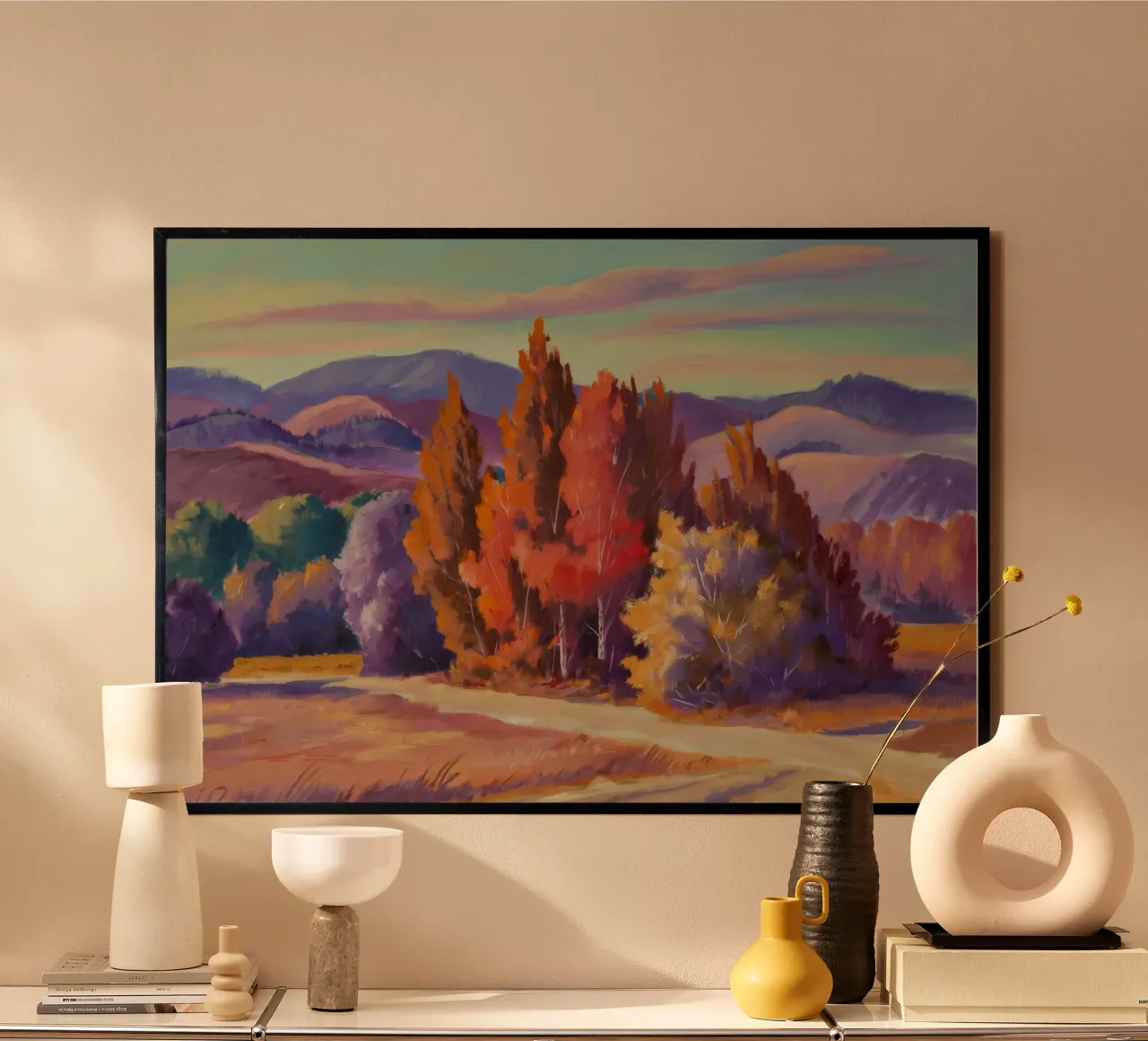 Colline dal fogliame infuocato poster con telaio in legno da Celestial Harmony