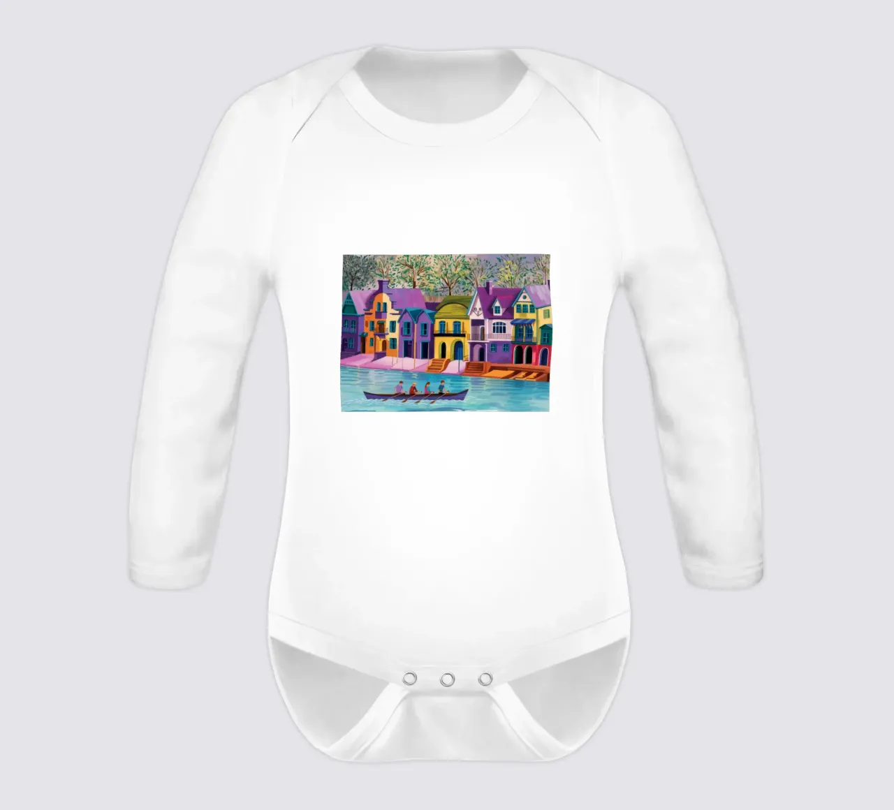 Rowing Past Colorful Houses long-sleeve baby romper by Silk Palette
