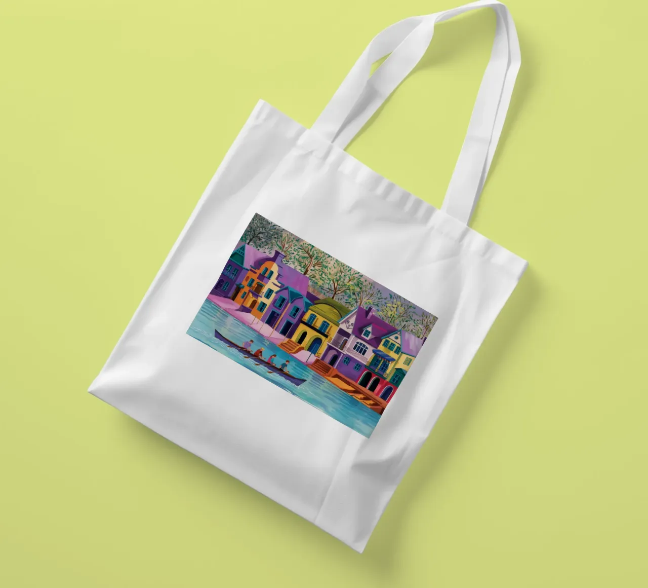 Remare davanti a case colorate borsa in juta da Silk Palette