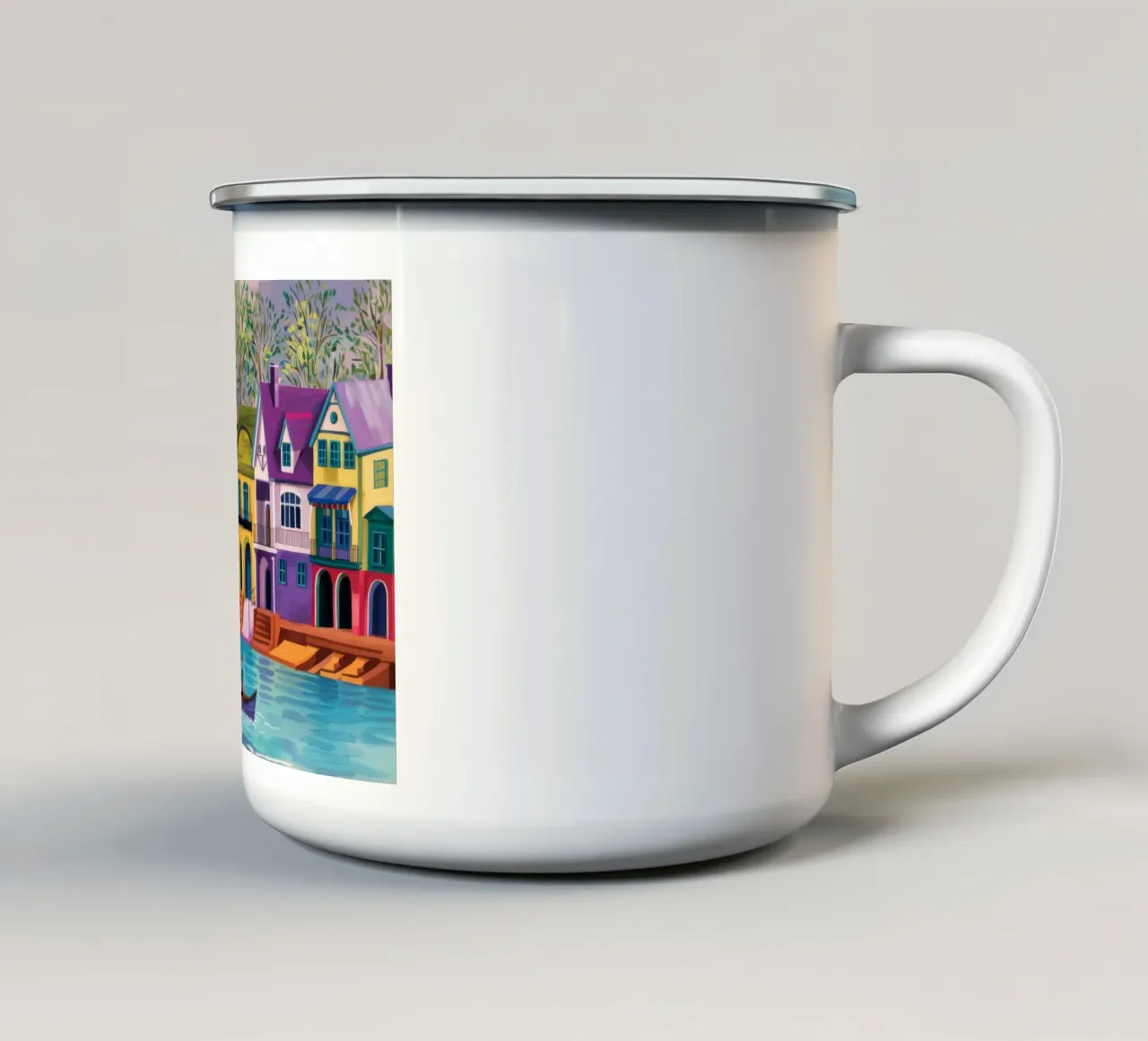 Remare davanti a case colorate tazza in smalto da Silk Palette