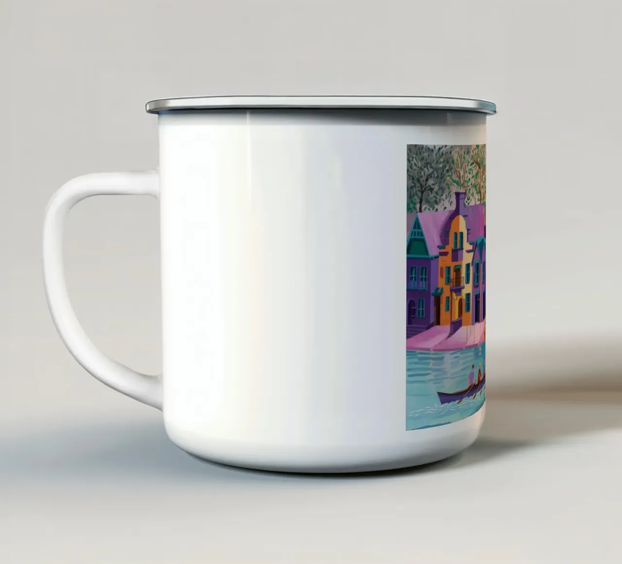 Remare davanti a case colorate tazza in smalto da Silk Palette