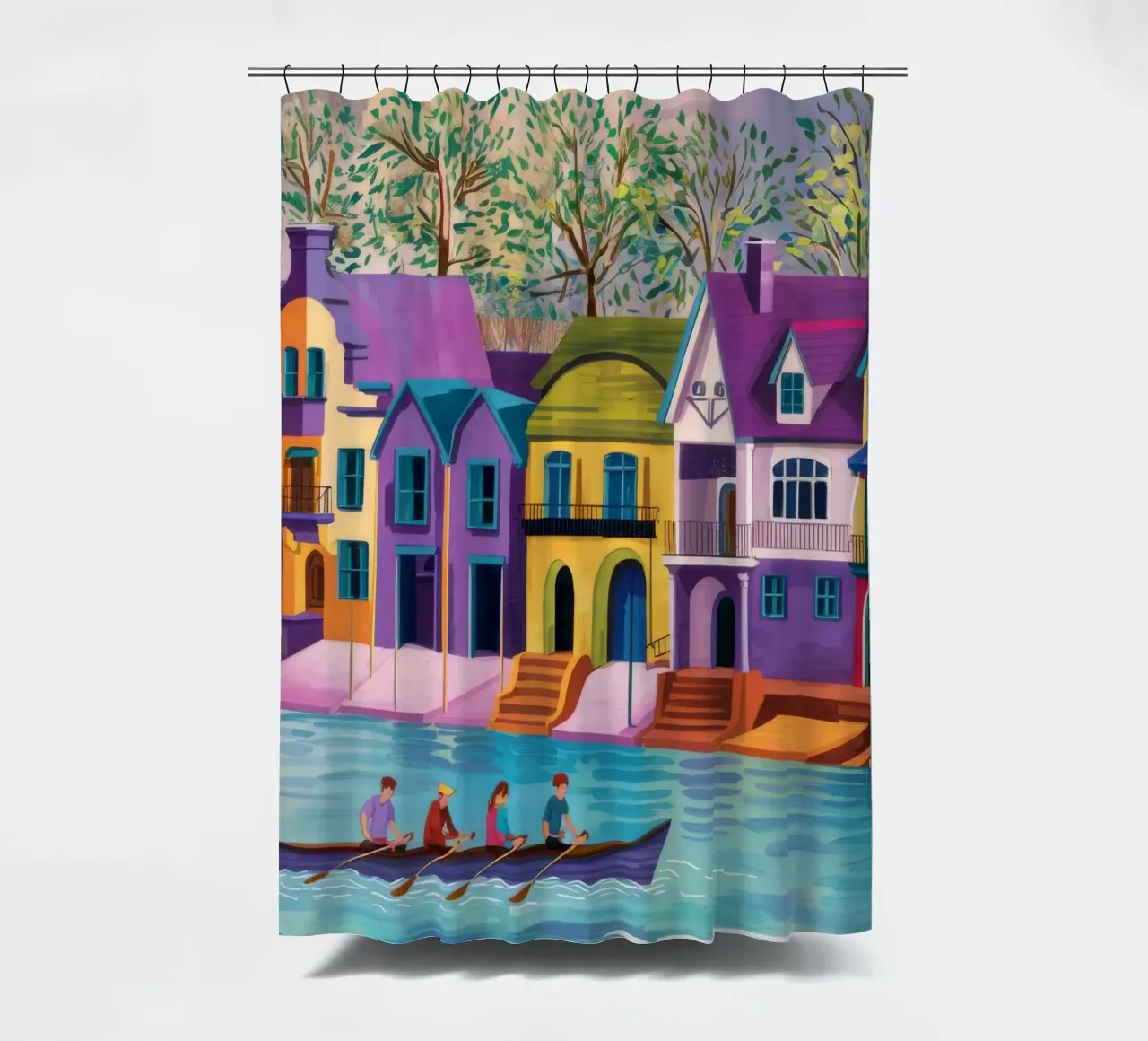 Remare davanti a case colorate tenda da doccia da Silk Palette