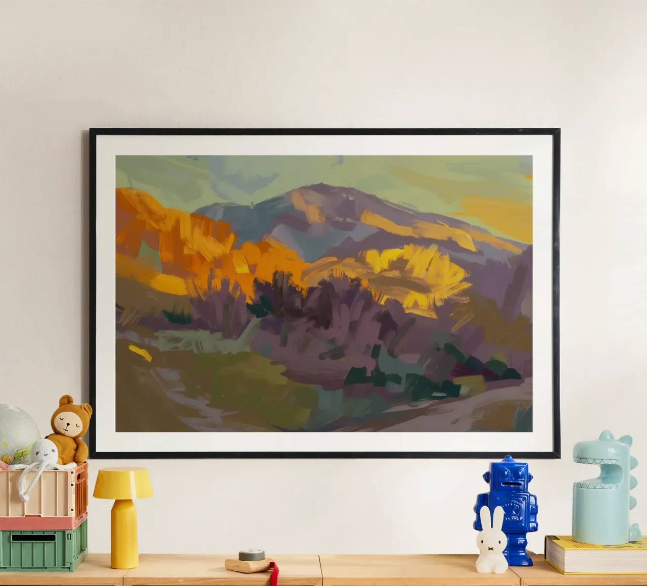 Haze della collina d'oro poster con telaio in legno da Celestial Harmony
