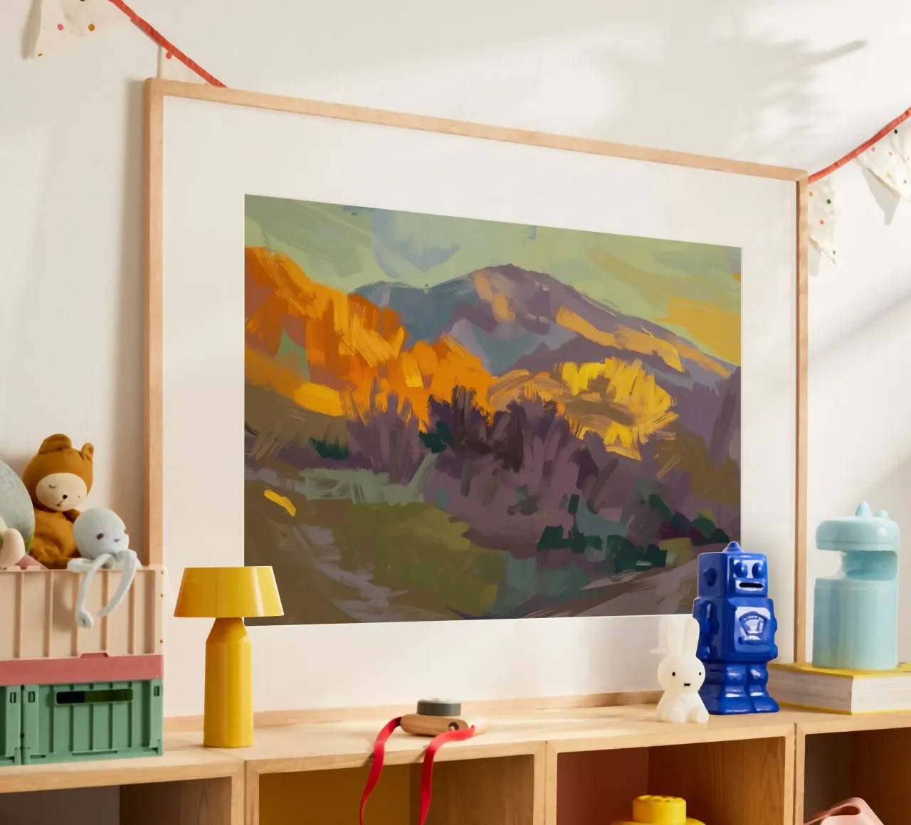 Haze della collina d'oro poster con telaio in legno da Celestial Harmony