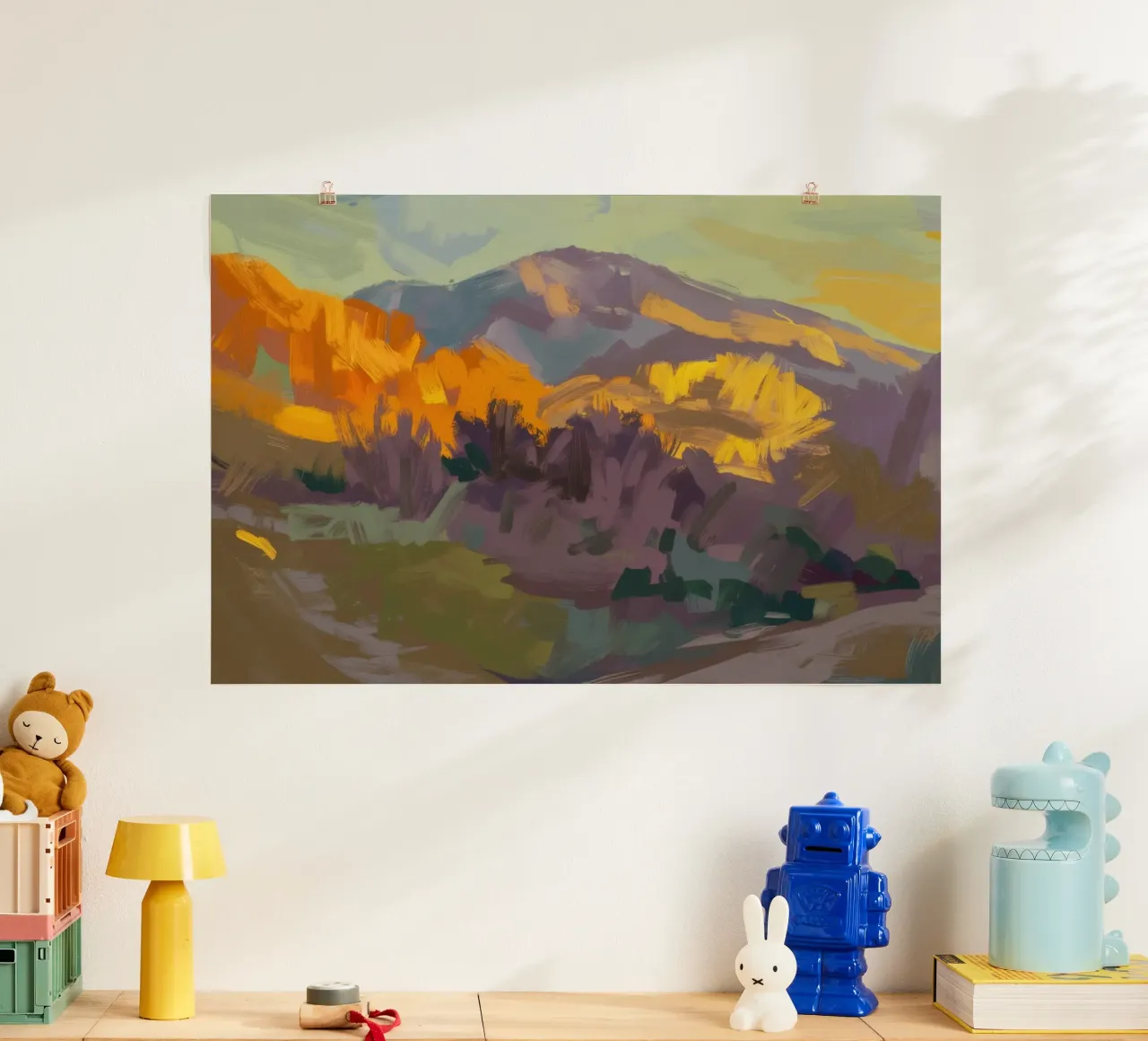 Haze della collina d'oro poster con telaio in legno da Celestial Harmony