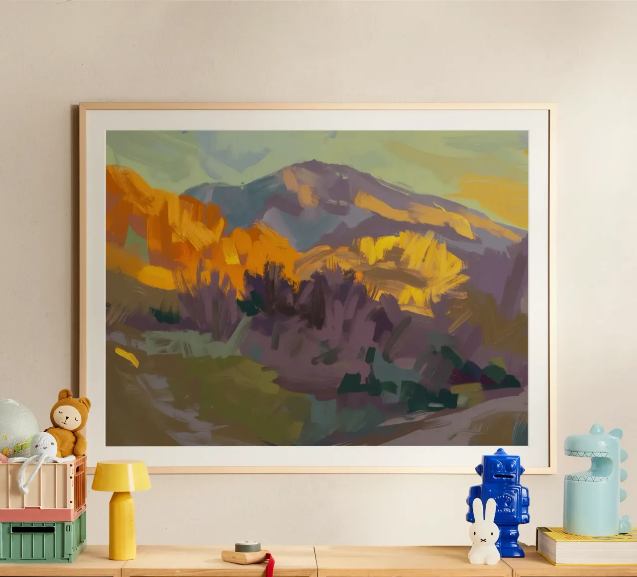 Haze della collina d'oro poster con telaio in legno da Celestial Harmony