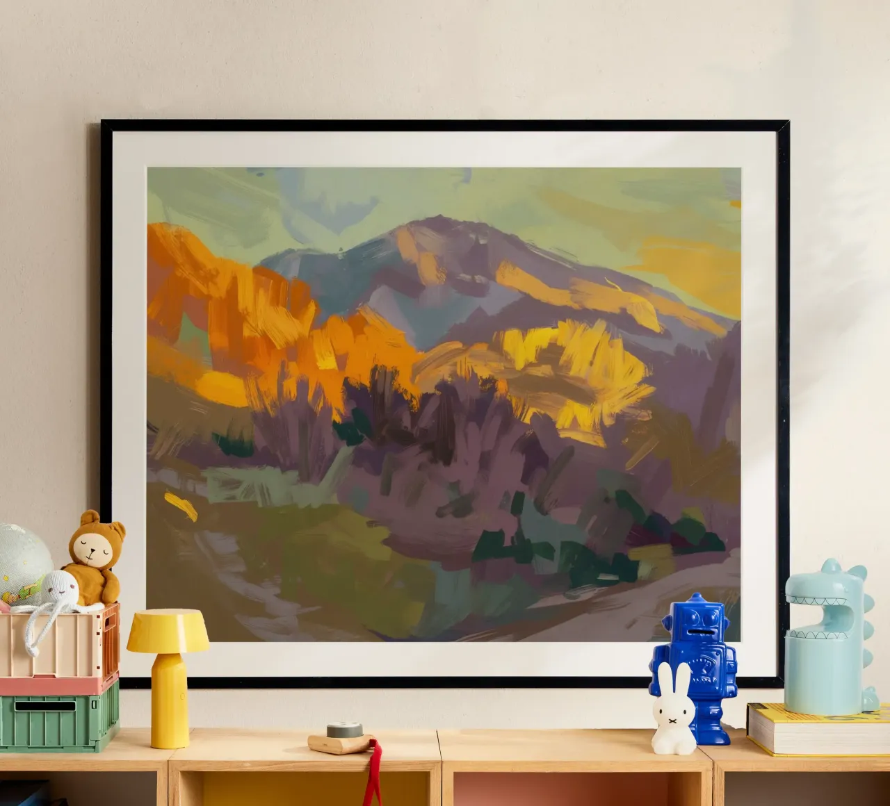 Haze della collina d'oro poster con telaio in legno da Celestial Harmony