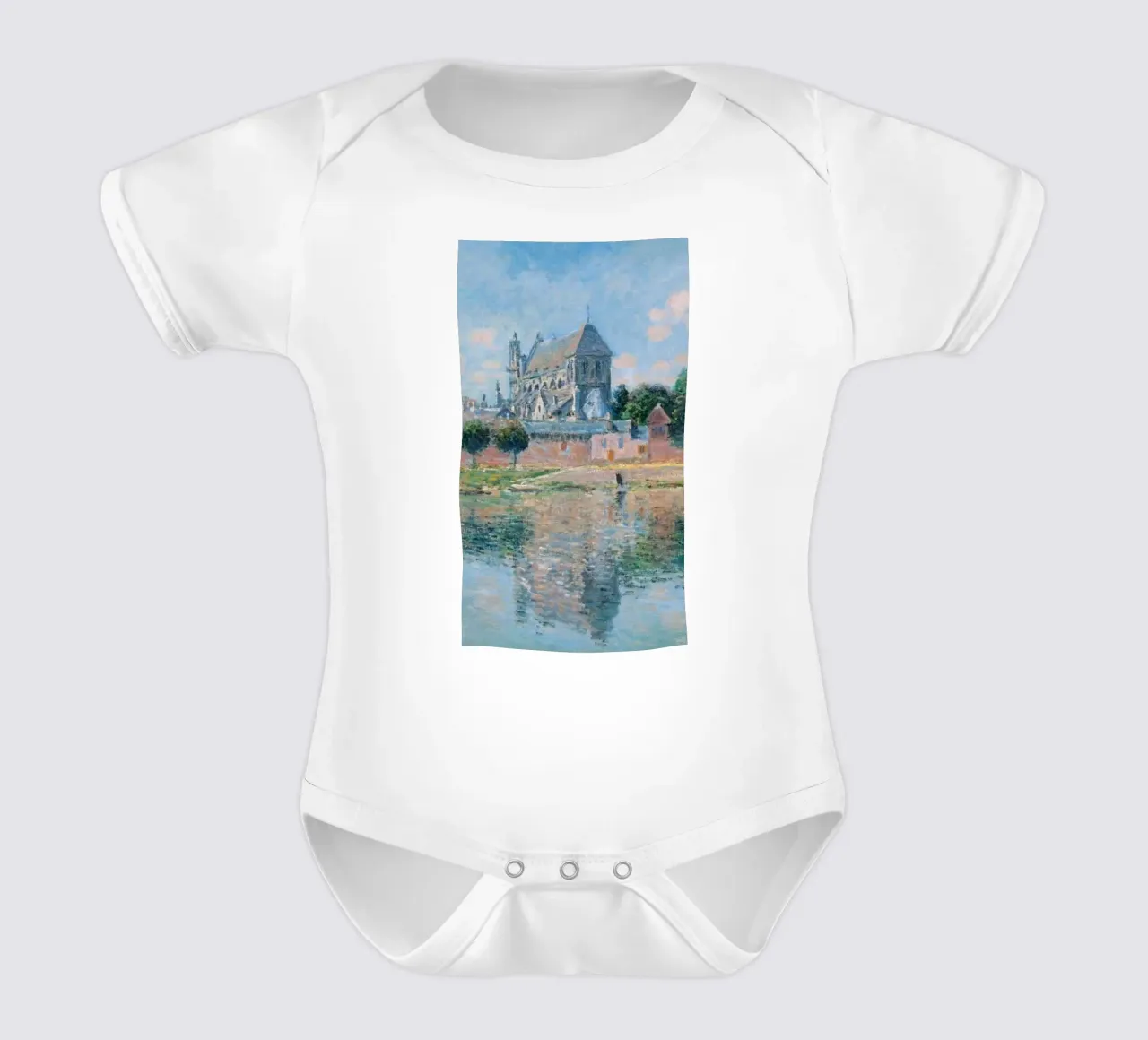 view of church near river short-sleeve baby romper by SMG Store