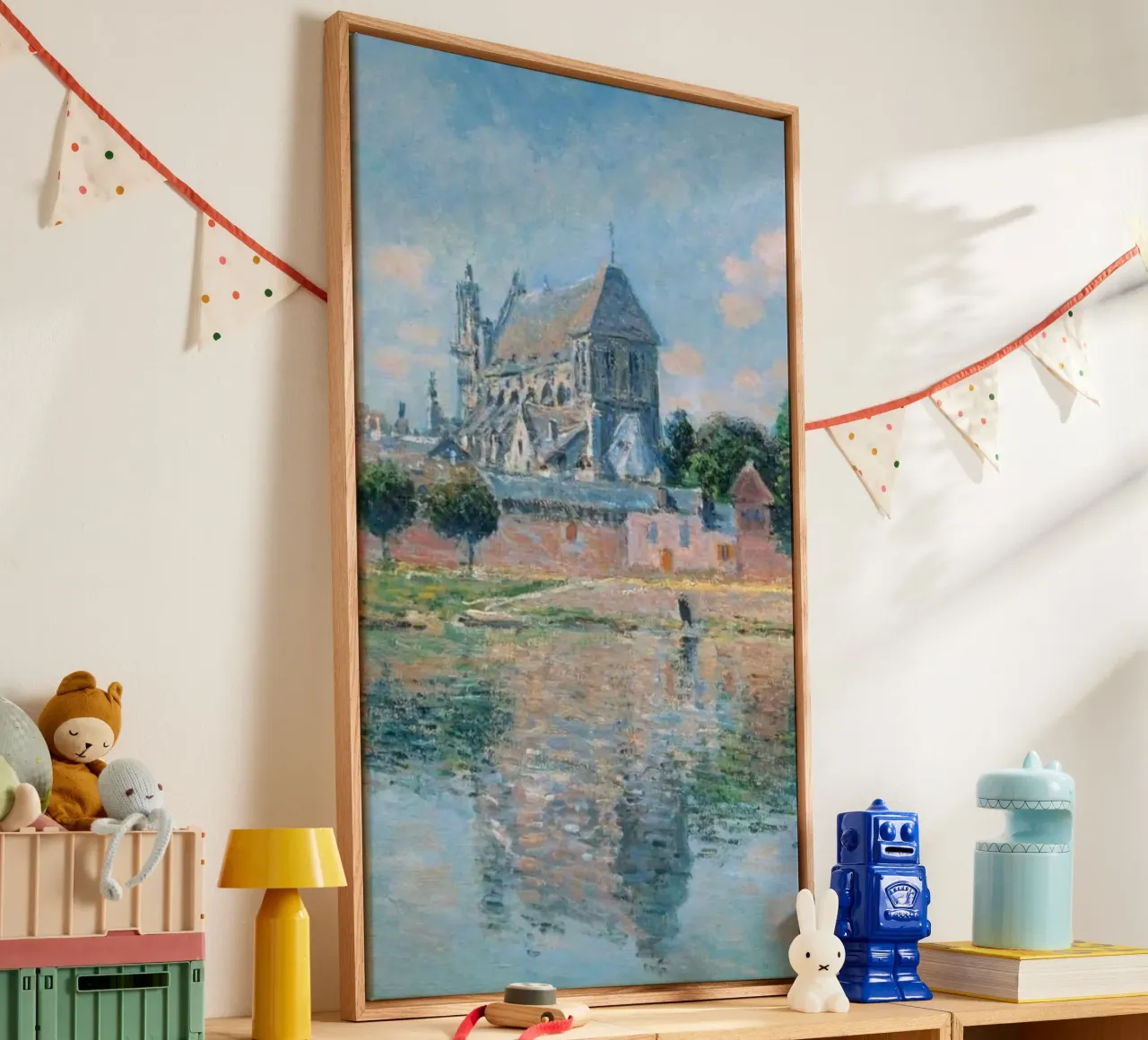Blick auf die Kirche am Fluss Leinwand mit Schattenfugenrahmen von SMG Store