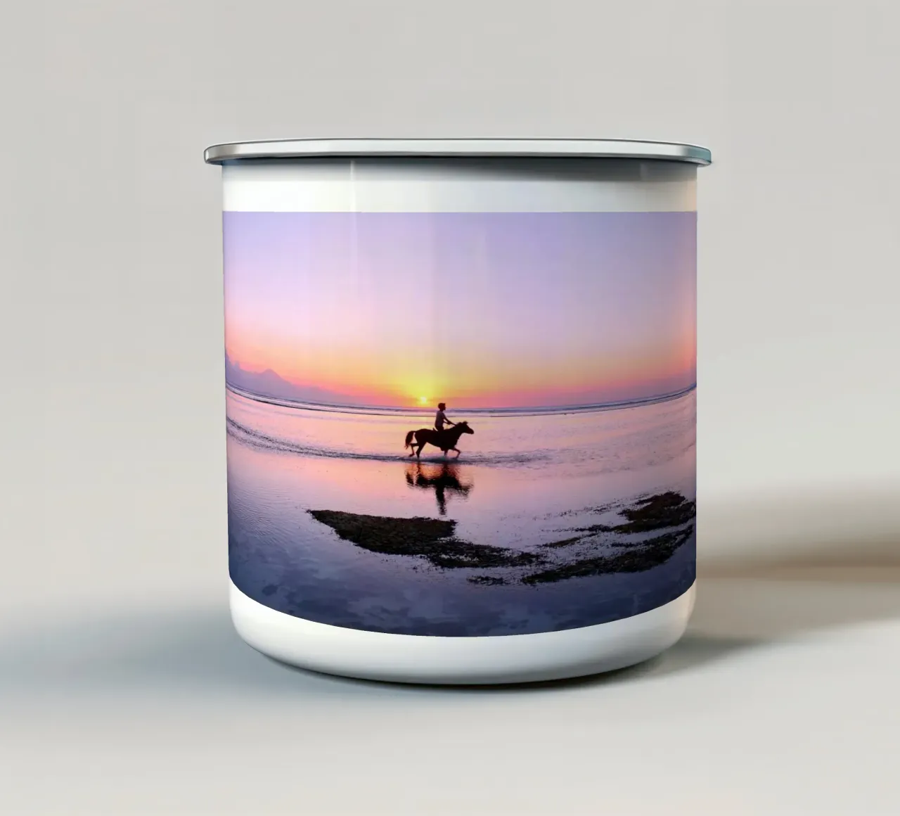 cavallo cavaliere della spiaggia al tramonto tazza in smalto da Horsire