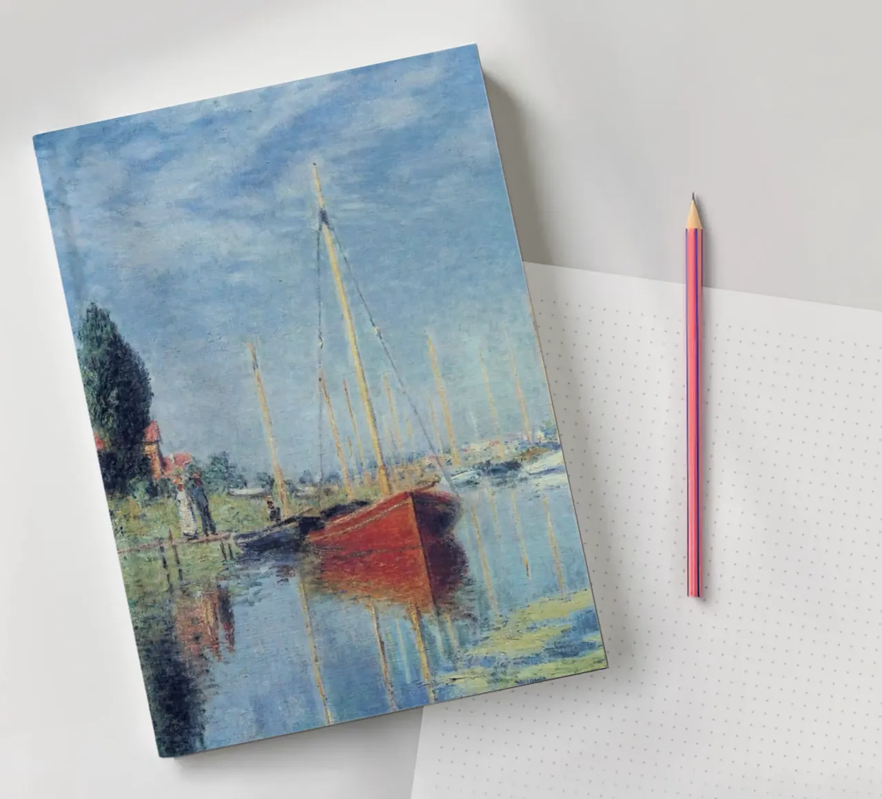 red boats floating on the seine river notebook by SMG Store