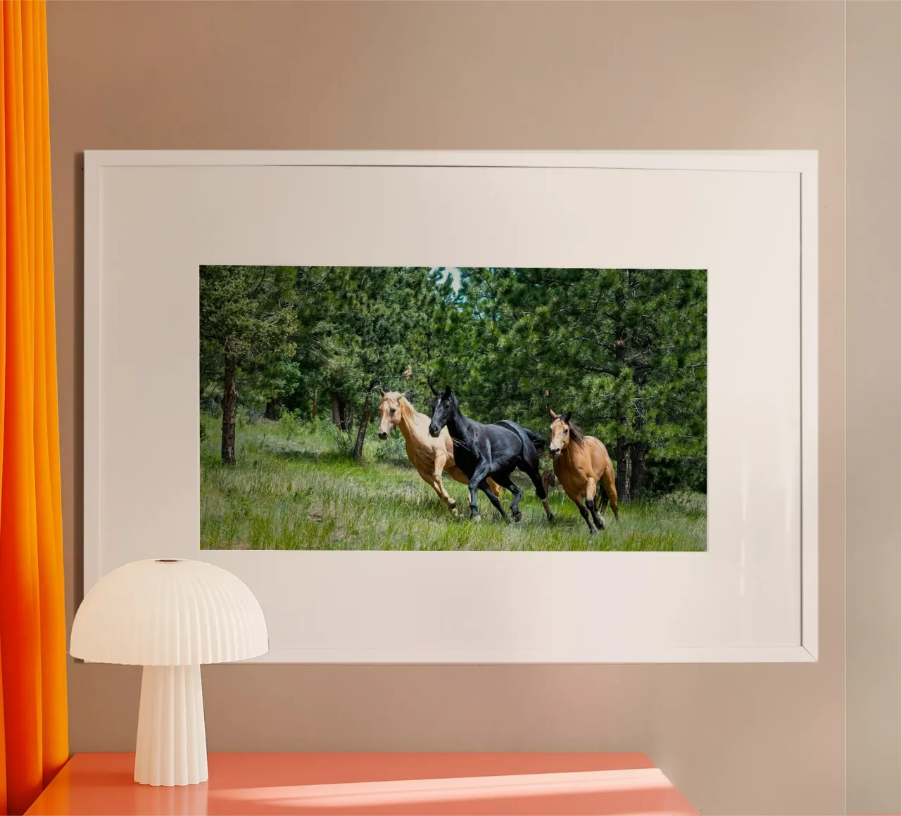 cavalli da corsa su prato poster con telaio in legno da Horsire
