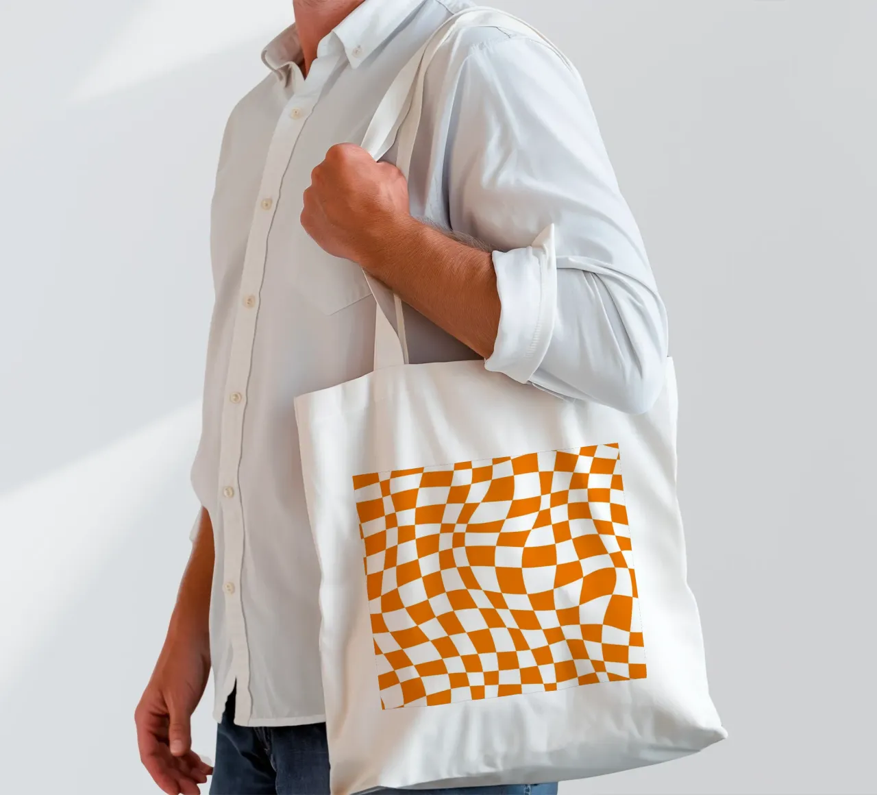 Wavy checker orange tote bag by Little Dean