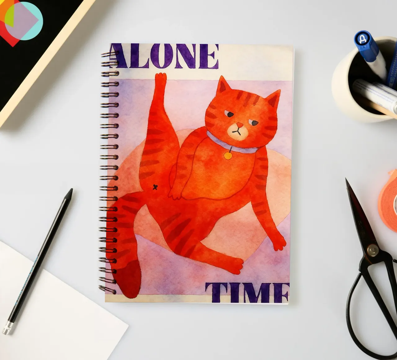cat alone time retro art drawing spiral notebook by genzaa