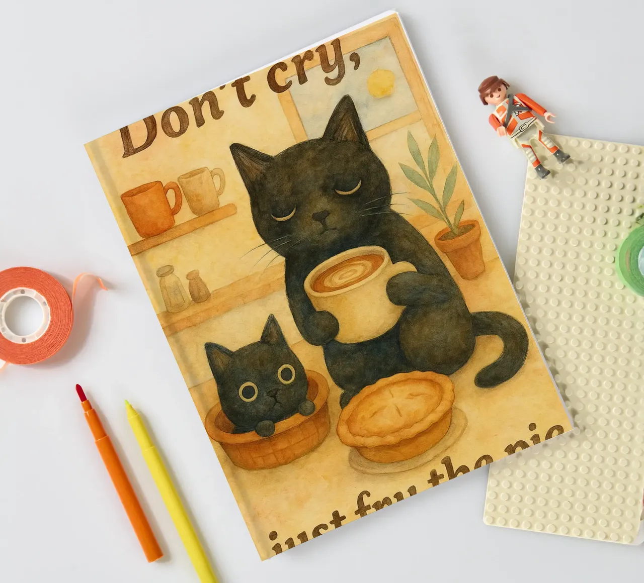 cat and coffee retro art drawing notebook by genzaa