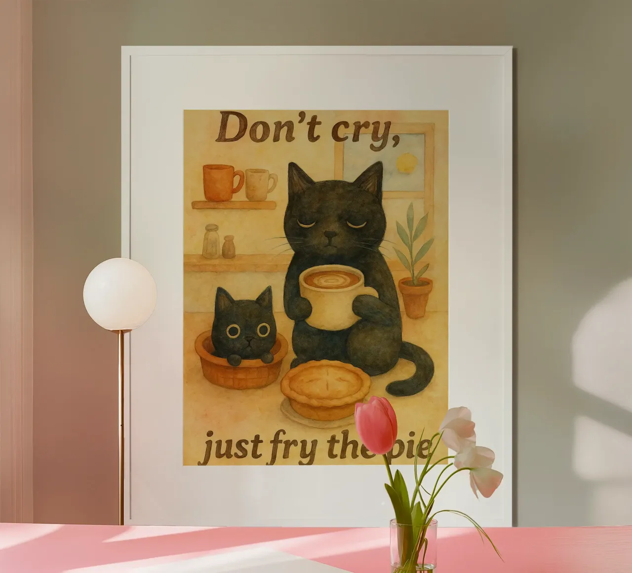 gatto e caffè disegno d'arte retrò poster con telaio in plastica da genzaa