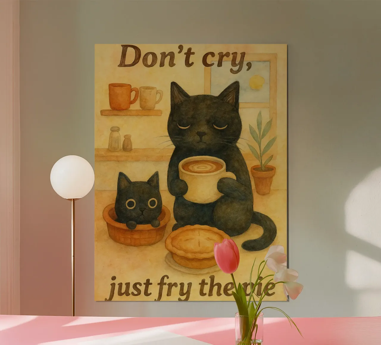 gatto e caffè disegno d'arte retrò poster con telaio in plastica da genzaa