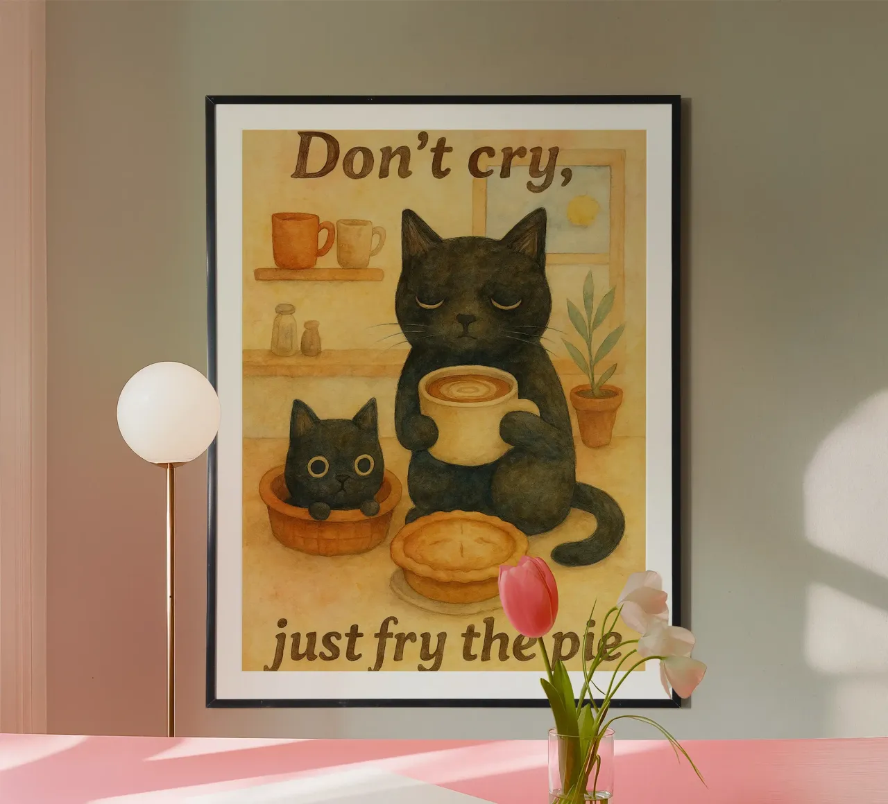gatto e caffè disegno d'arte retrò poster con telaio in plastica da genzaa