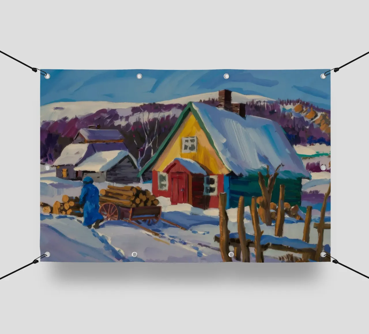 La fattoria gialla con la neve telo in pvc da Celestial Harmony