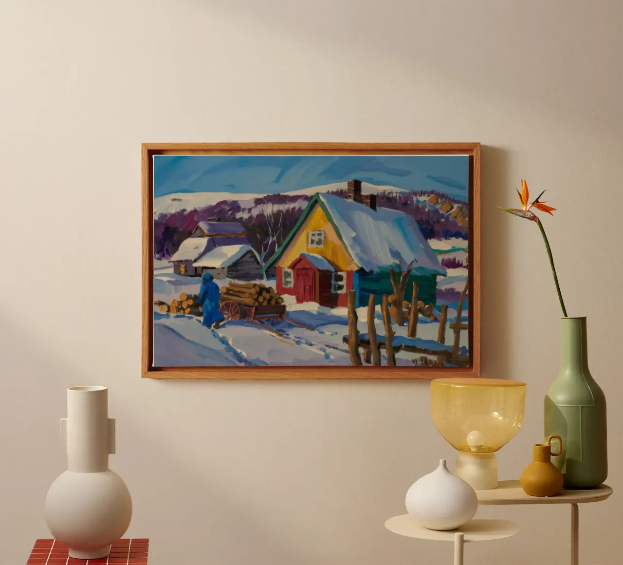 La fattoria gialla con la neve tela con Cornice a cassetta da Celestial Harmony