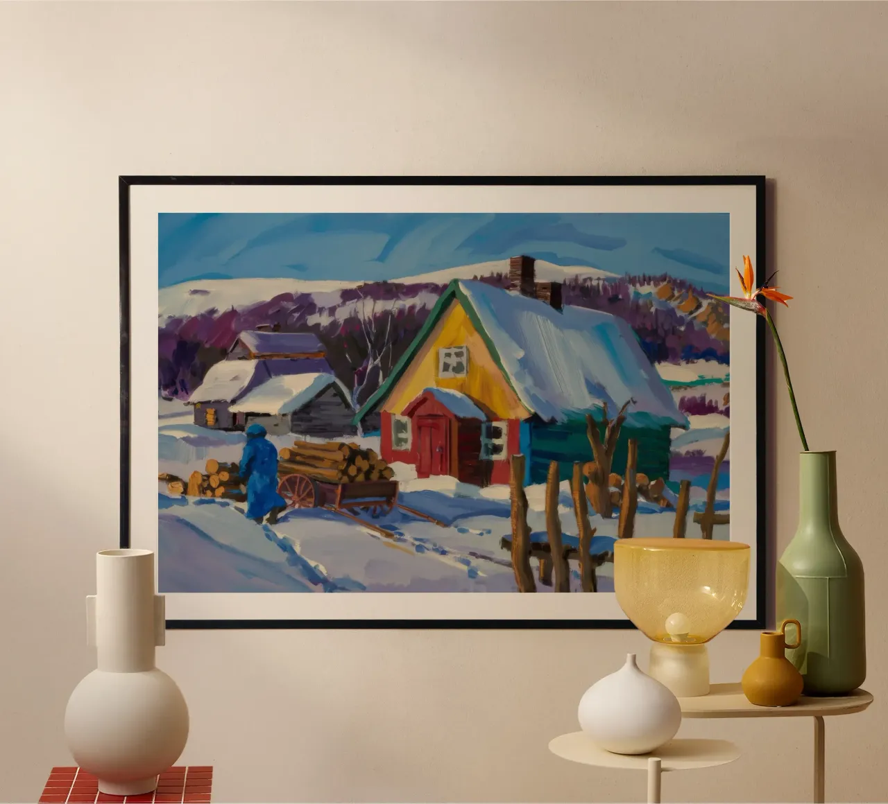 La fattoria gialla con la neve poster con telaio in legno da Celestial Harmony