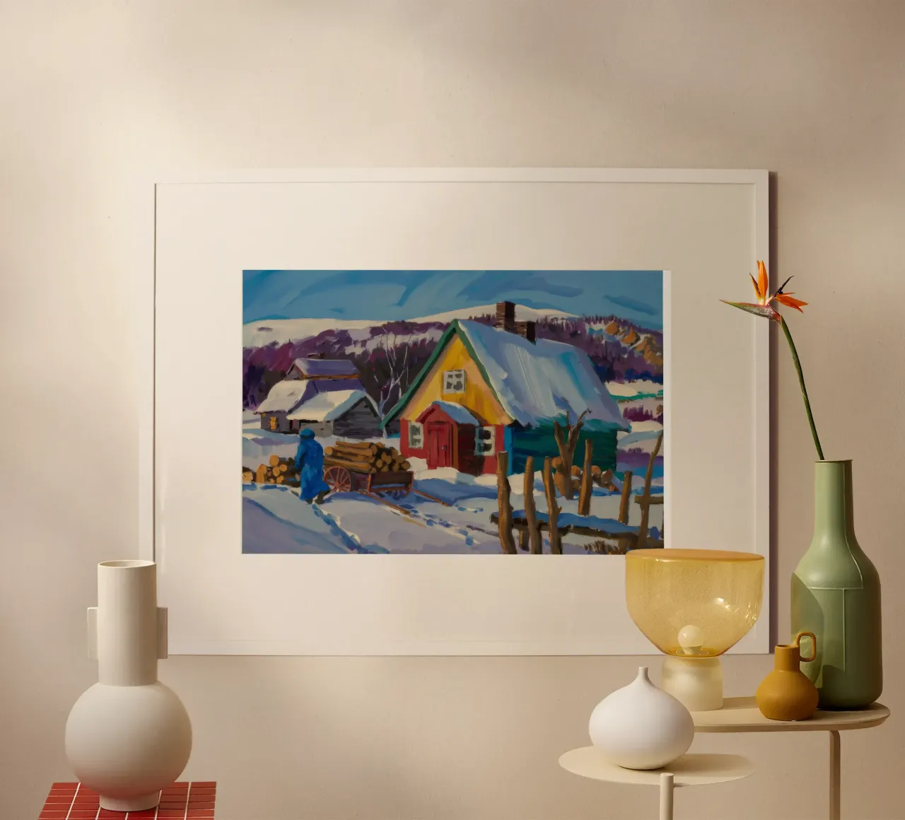 La fattoria gialla con la neve poster con telaio in legno da Celestial Harmony