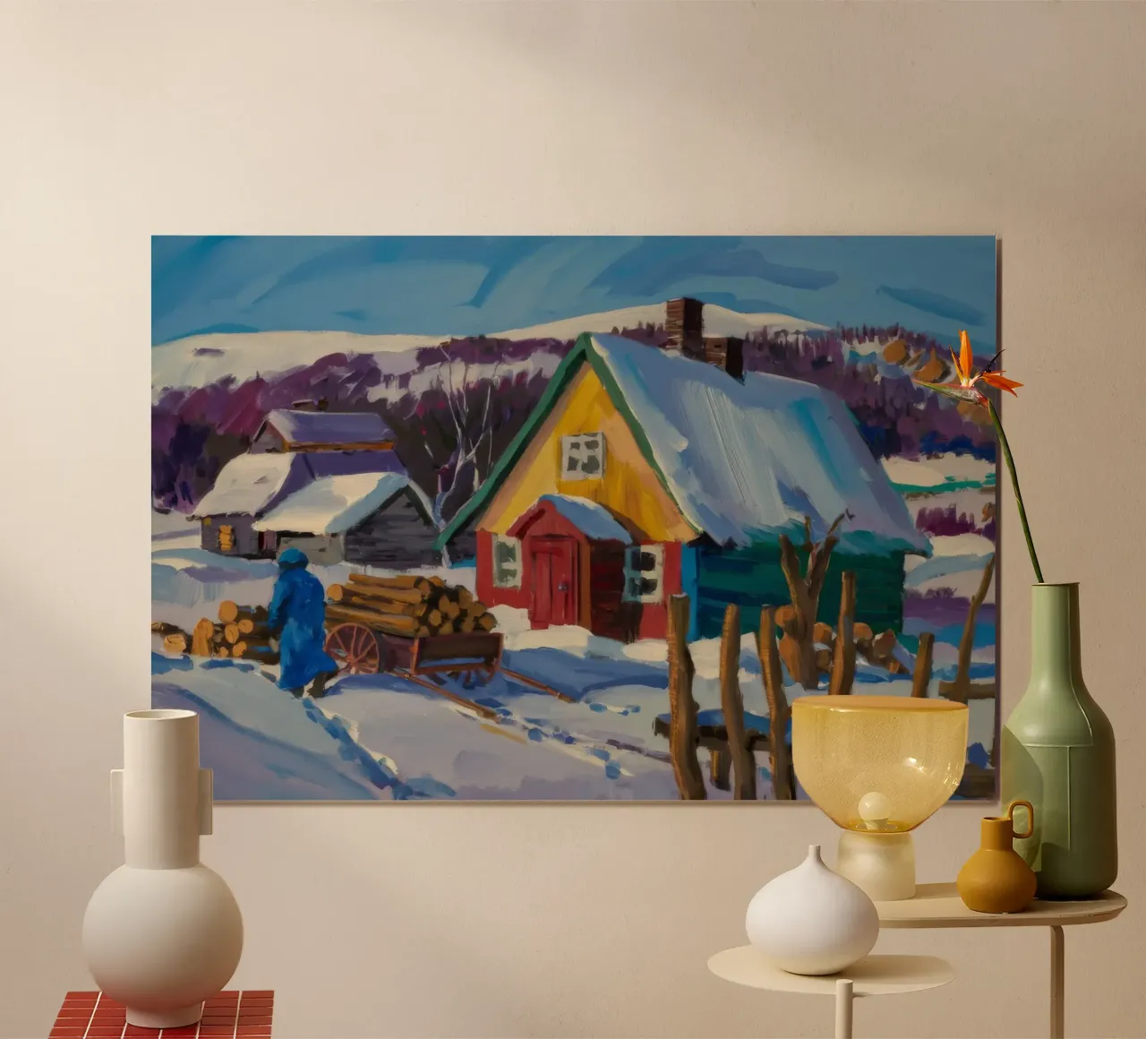 La fattoria gialla con la neve poster con telaio in legno da Celestial Harmony
