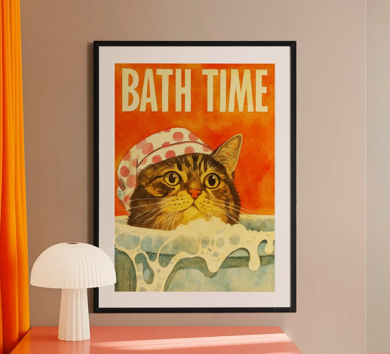 Katze Bad Zeit retro Kunst Zeichnung Poster mit Kunststoffrahmen von genzaa