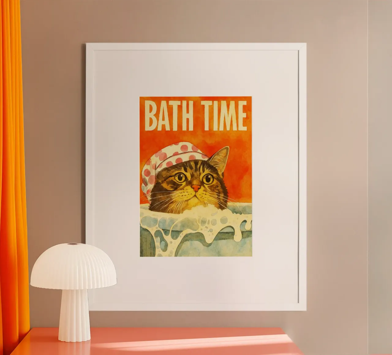 Katze Bad Zeit retro Kunst Zeichnung Poster mit Kunststoffrahmen von genzaa