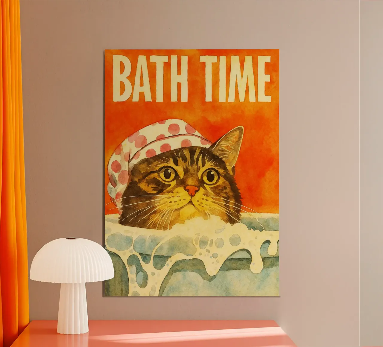 Katze Bad Zeit retro Kunst Zeichnung Poster mit Kunststoffrahmen von genzaa