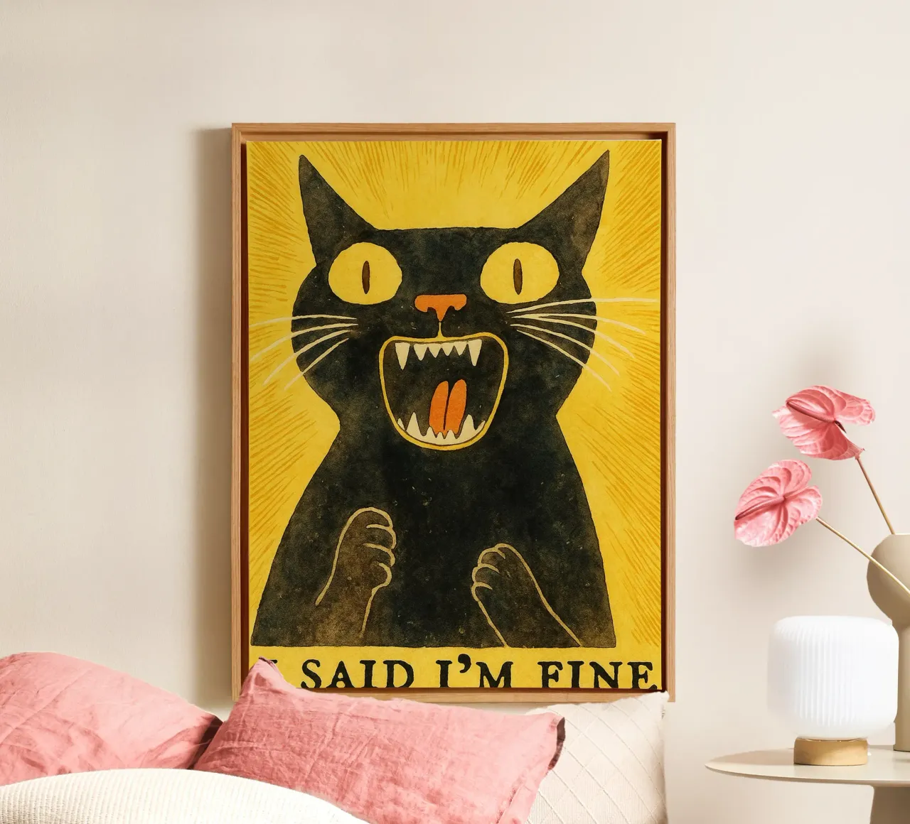 gatto ho detto che sto bene disegno d'arte retrò tela con Cornice a cassetta da genzaa