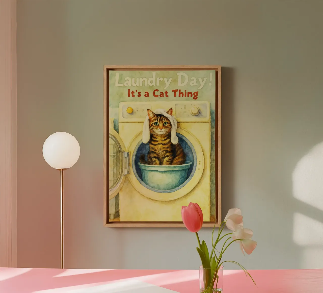kat wasdag grappig retro kunst tekening canvas met Baklijst van genzaa