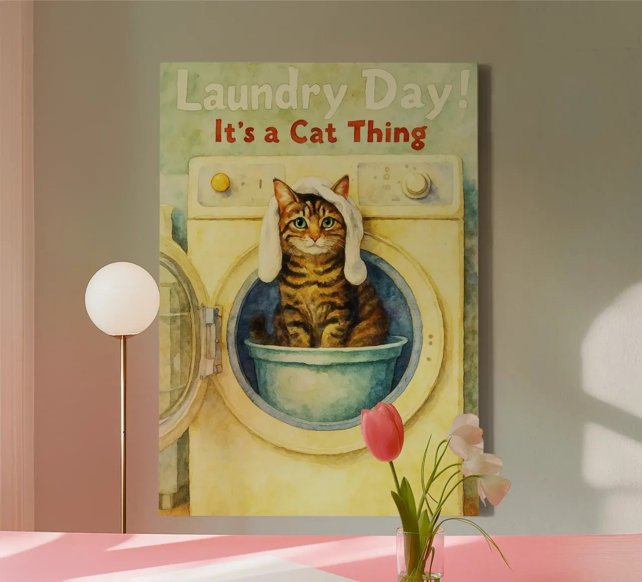 kat wasdag grappig retro kunst tekening canvas met Baklijst van genzaa