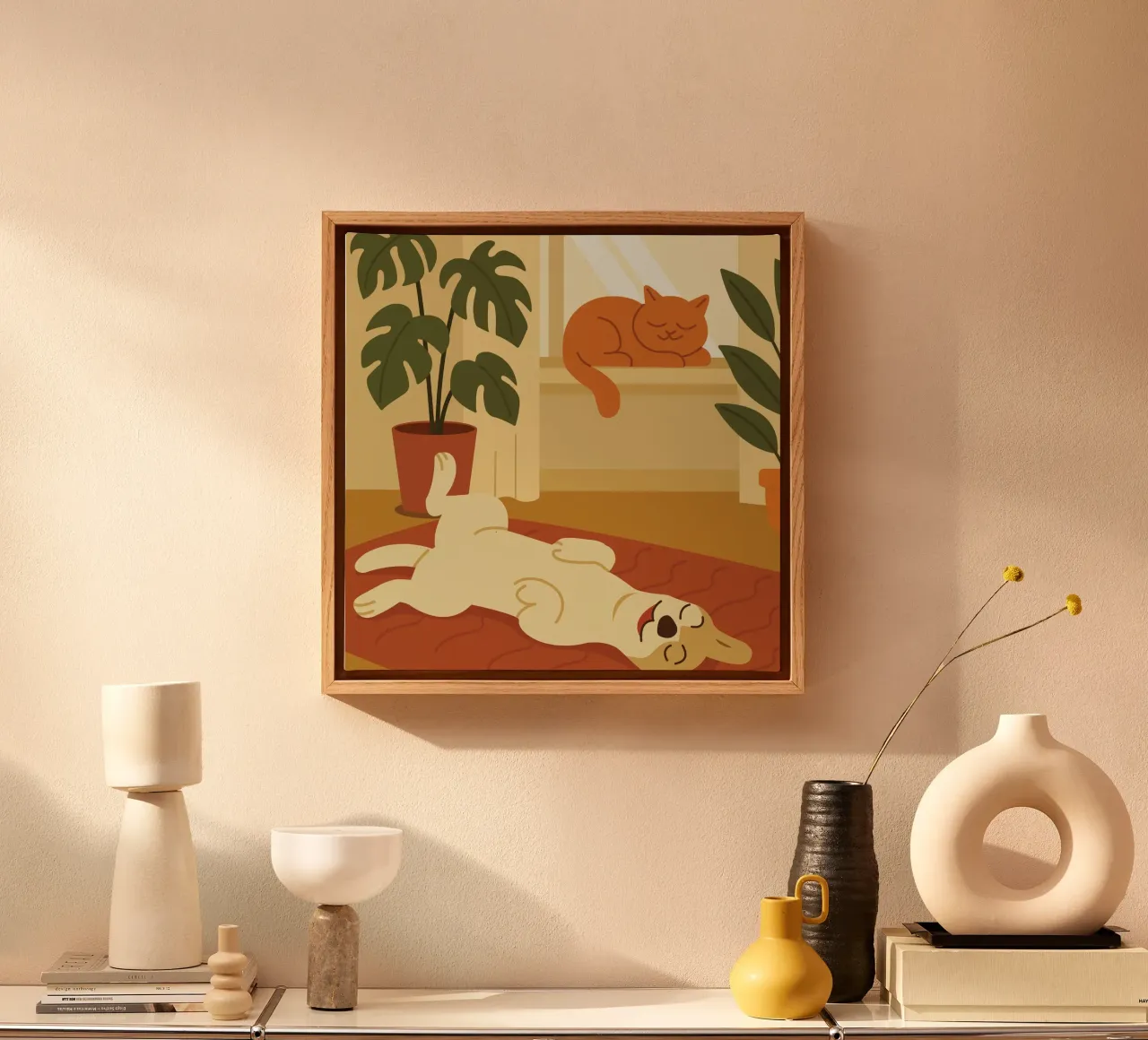 cane e gatto si rilassano tela con Cornice a cassetta da animal story home